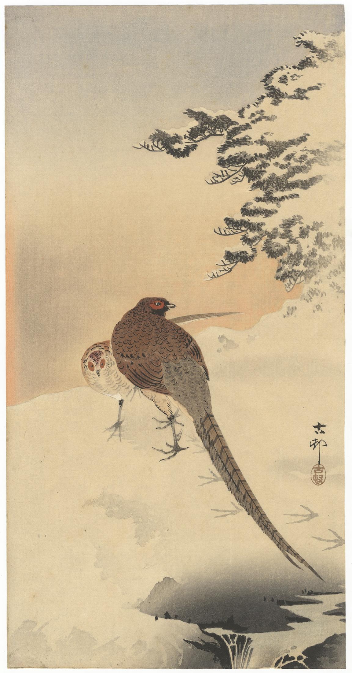 Ohara Koson Figurative Print - Koson Ohara, Couple of Pheasants, Nature, Snow, Pine, Japanese Woodblock Print