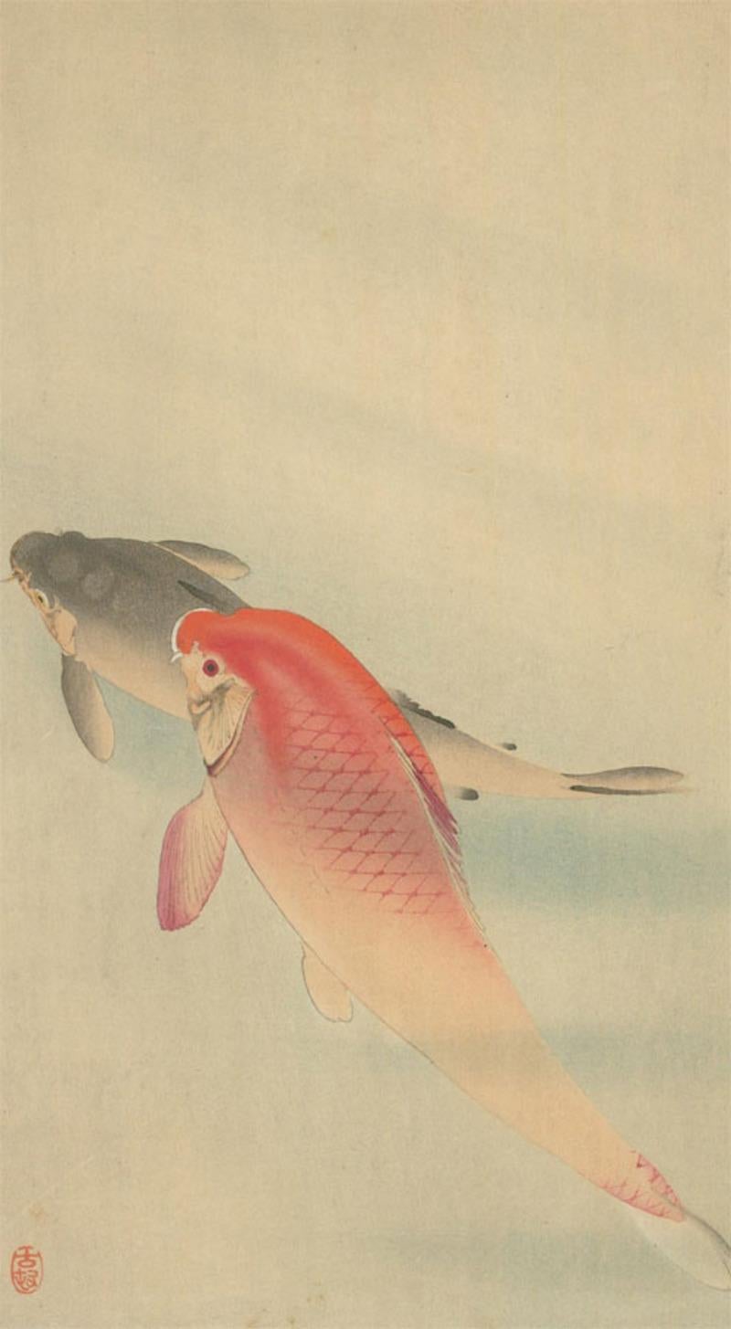 Ohara Koson (1877-1945) - Woodblock giapponese incorniciato, Pesce carpa 1