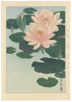 Ohara Koson, Original Japanese Woodblock Print, Water Lilies, Pink, Flowers, Art