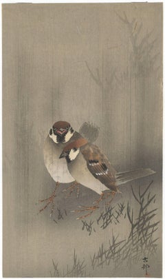 Antique Ohara Koson, Japanese Woodblock Print, Bird & Flower, Shin-Hanga, Sparrows, Rain