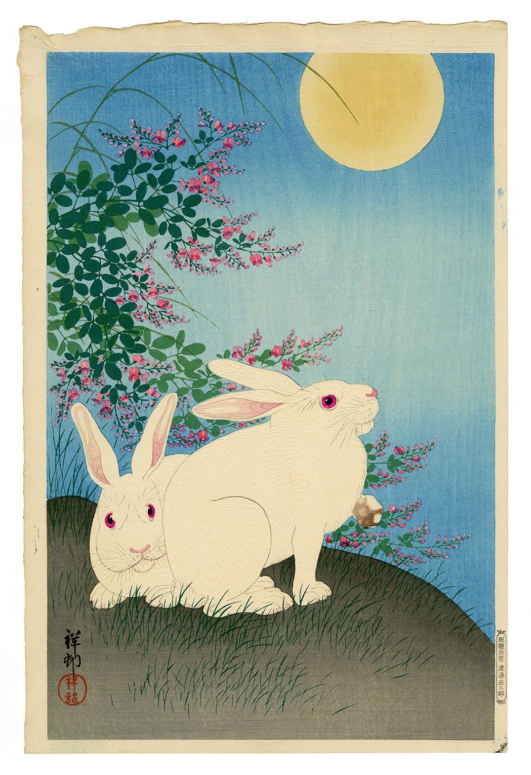 Ohara Koson Animal Print - Rabbits and the Moon