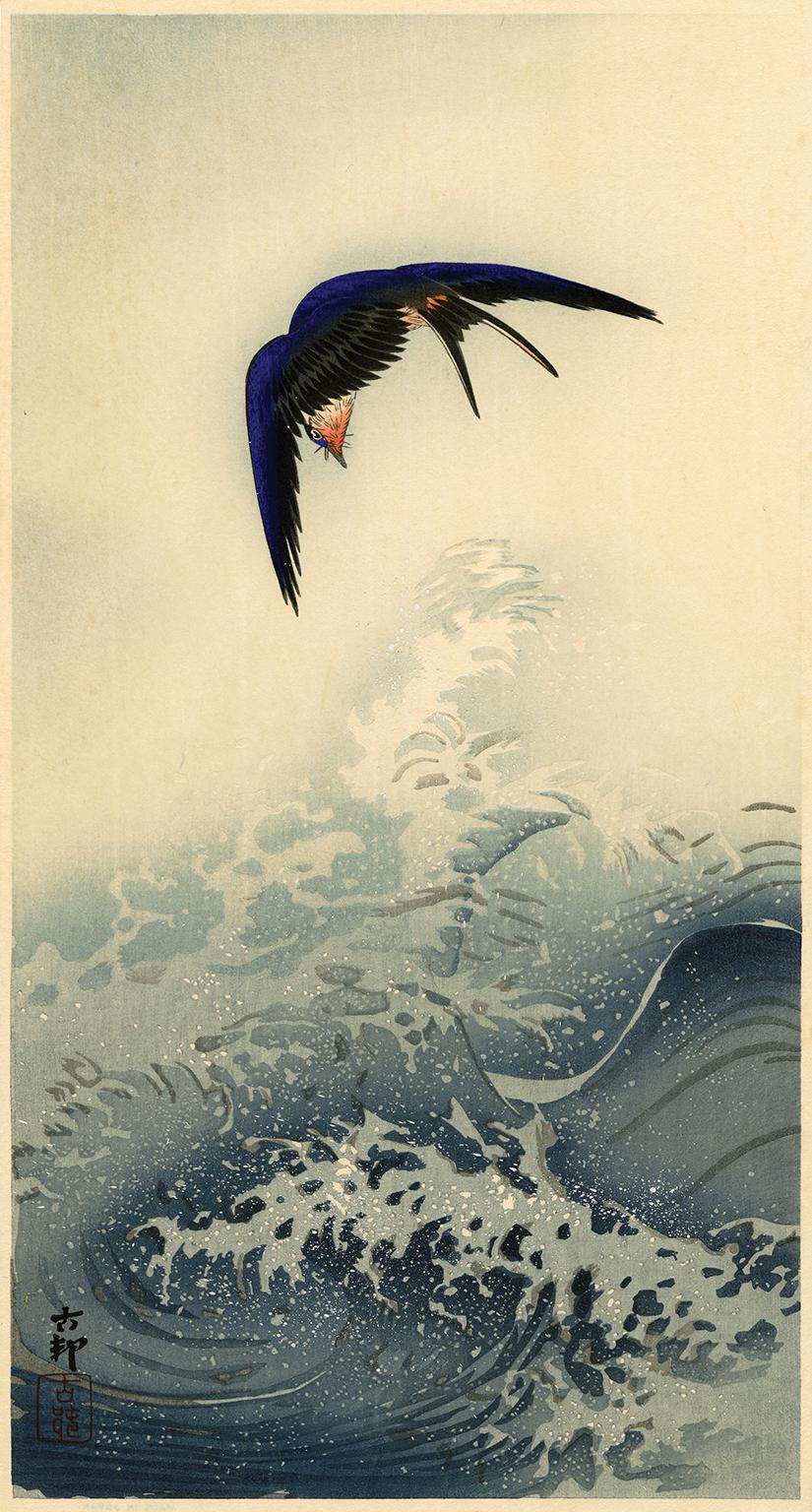Ohara Koson Landscape Print - Swallow over the Ocean Waves