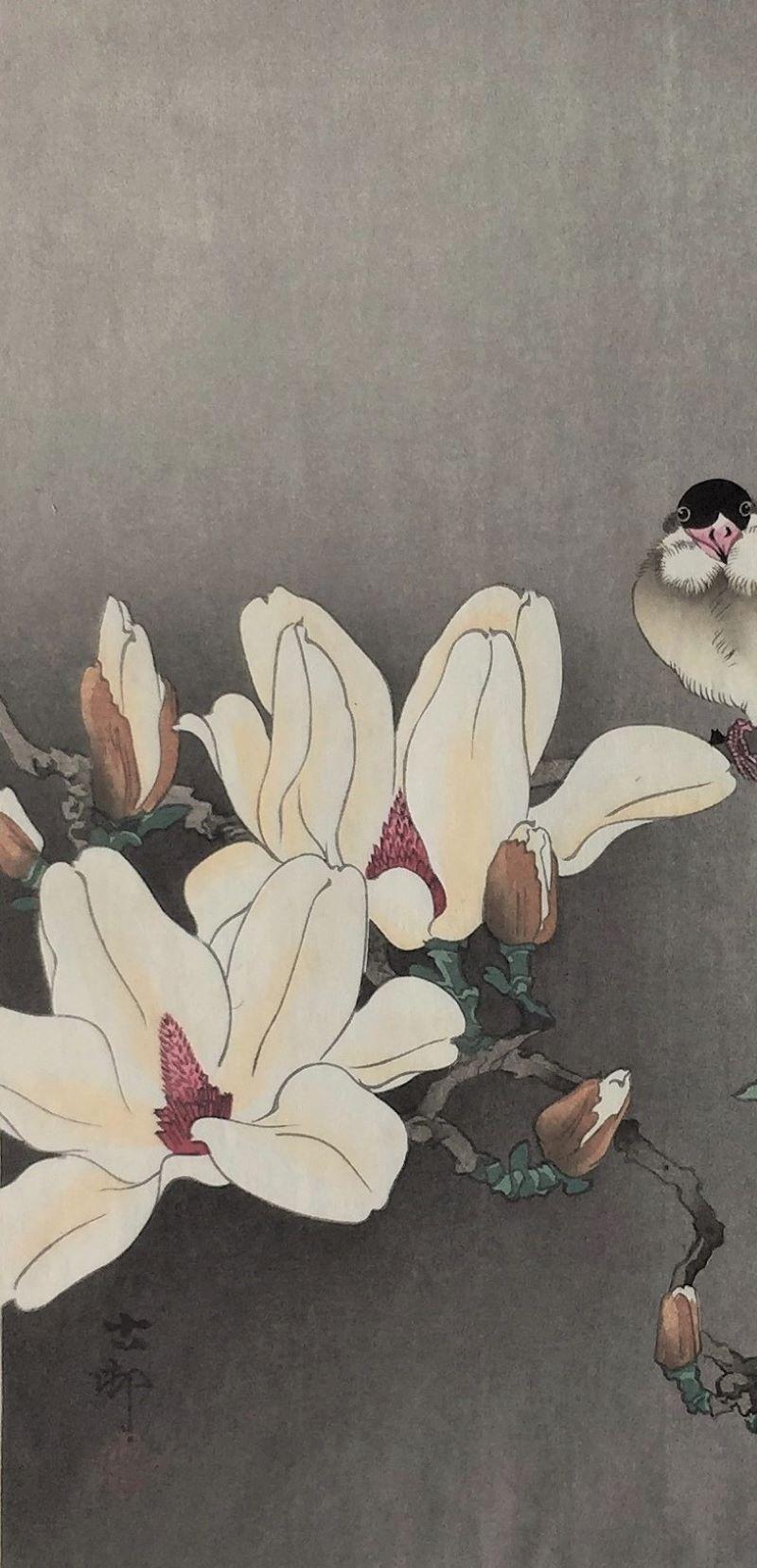 Tit on the Stalk of a Flowering Magnolia - Print by Ohara Koson