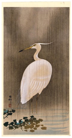 Antique 'Wading Egret' — Japanese Woodblock kacho-e, c. 1900