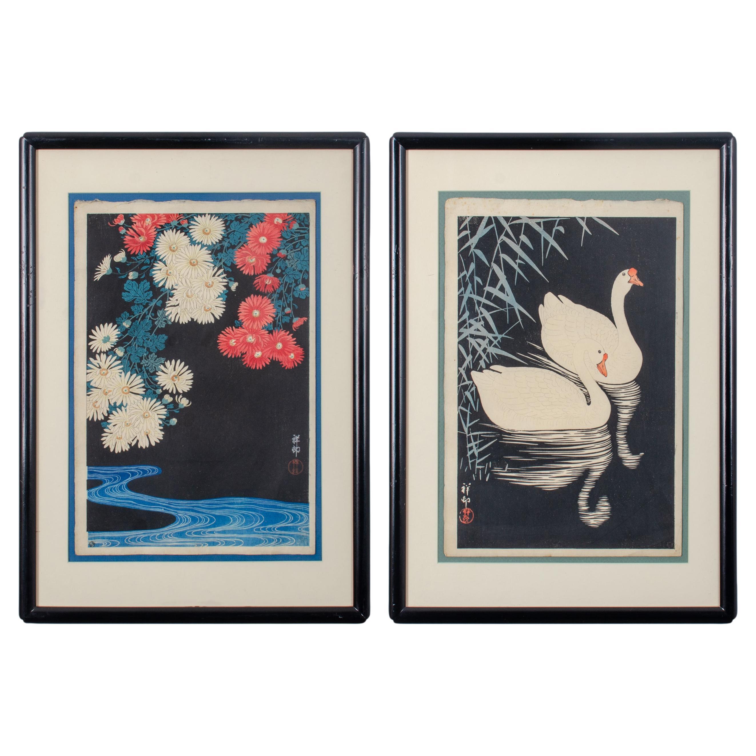 Ohara Koson (Shoson) Japanische Holzschnittdrucke im Holzschnitt – Ein Paar