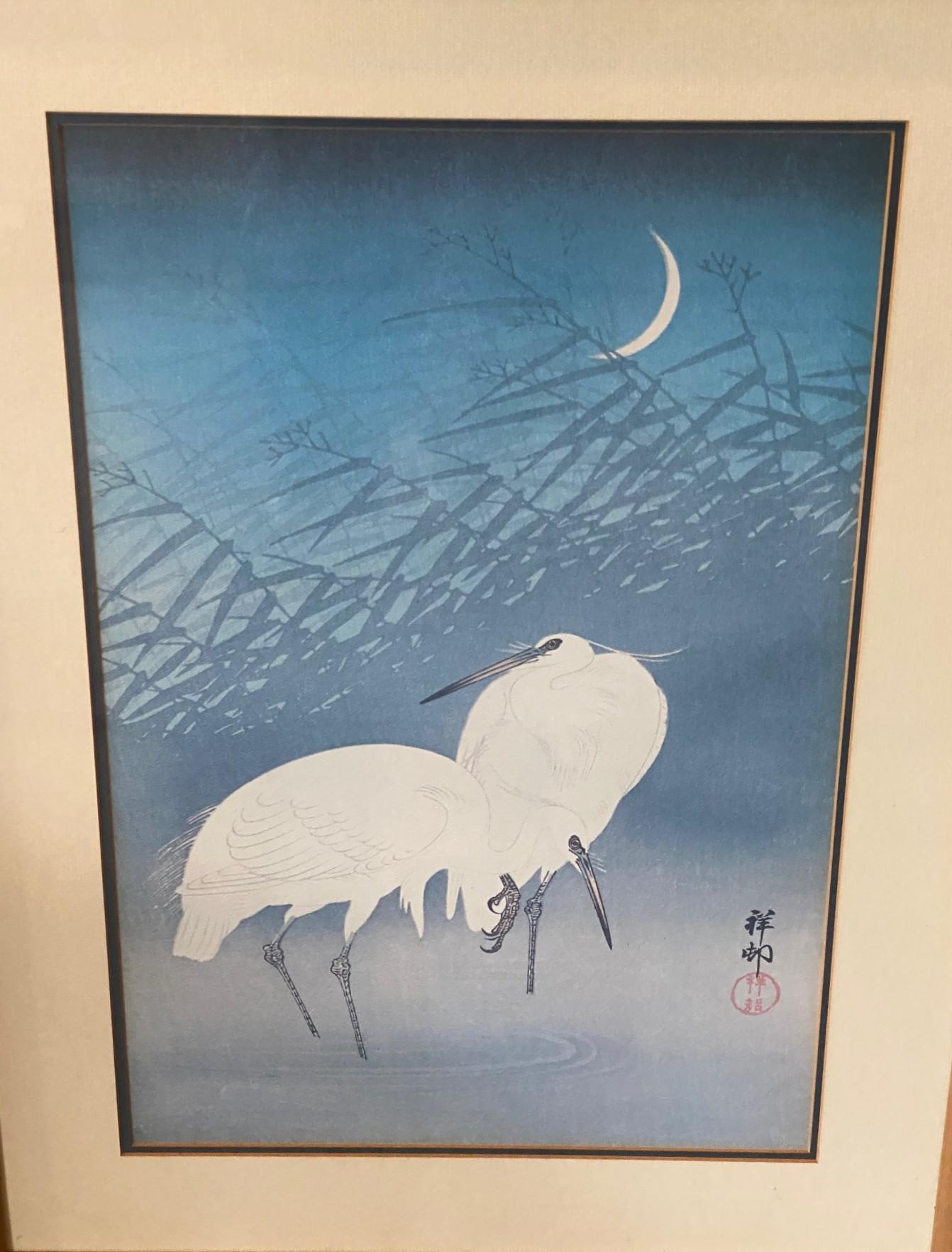 Ohara Koson Signiert Gerahmt Japanisch Asiatisch Drucken Reiher und Mondsichel (Showa) im Angebot