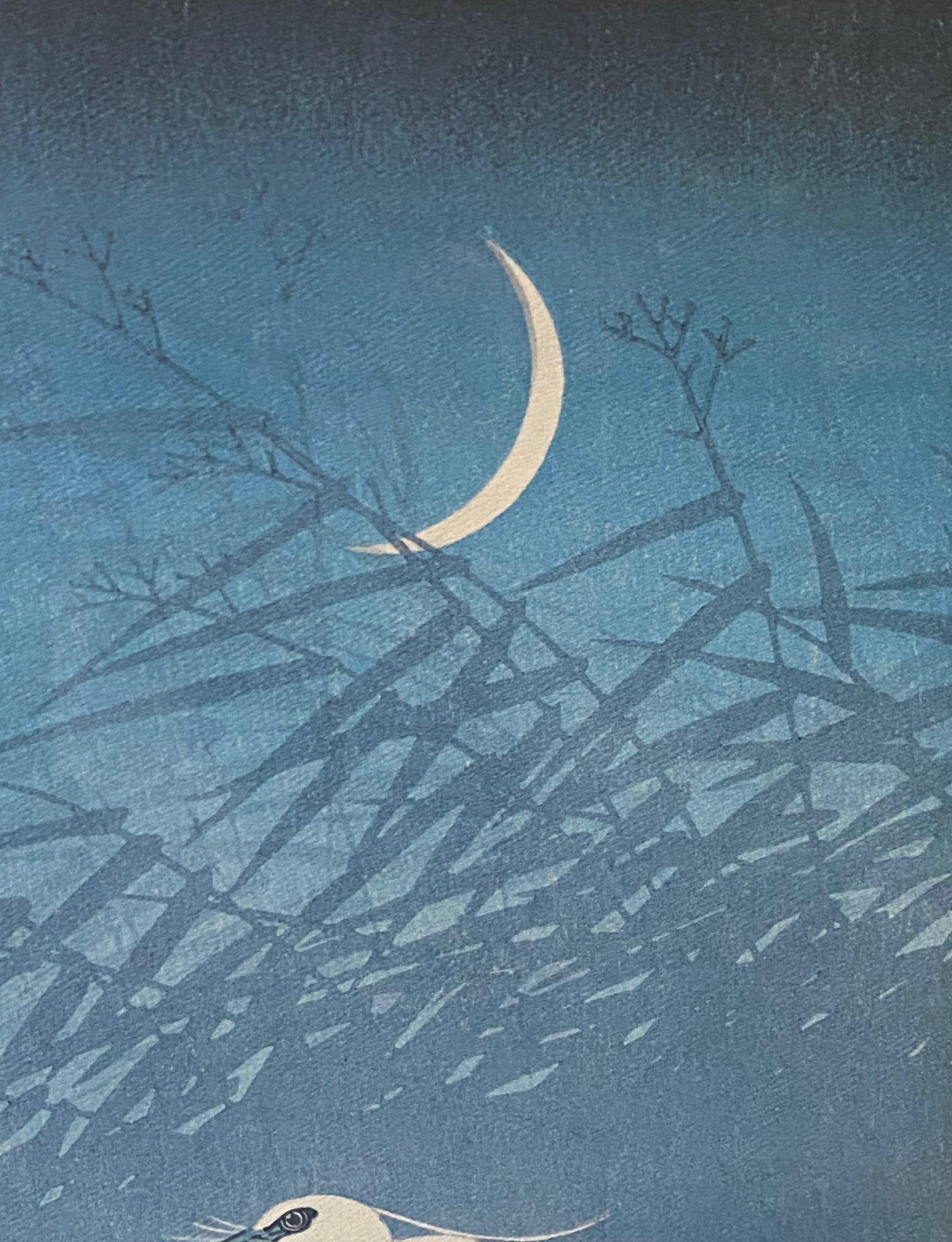 Ohara Koson Signiert Gerahmt Japanisch Asiatisch Drucken Reiher und Mondsichel im Angebot 1