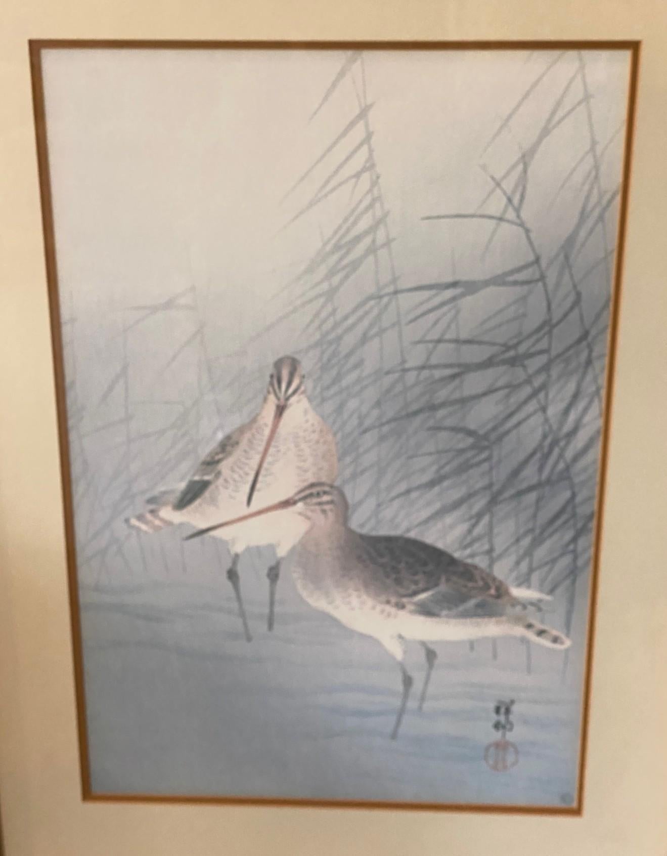 Showa Ohara Koson Signed Framed Japanese Asian Print Snipes and Reeds In a Stream For Sale