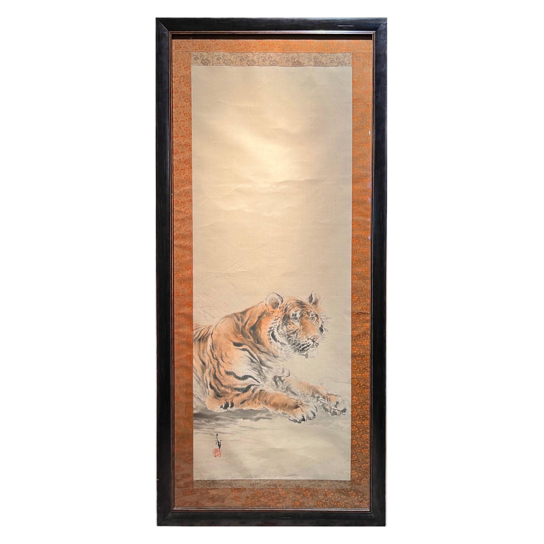 Ohashi Suiseki, Resting tiger, Japanese watercolor on silk, Japan circa 1900 For Sale 1