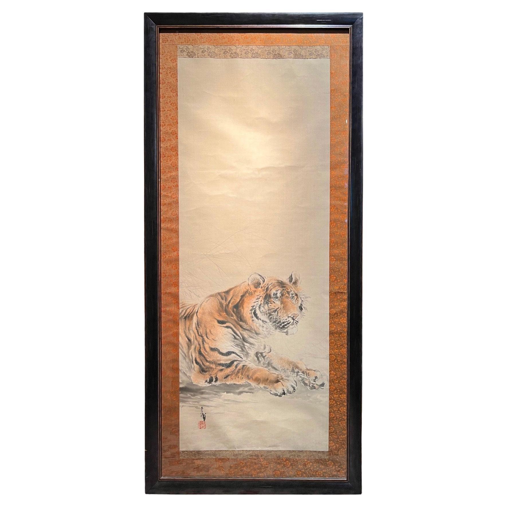 Ohashi Suiseki, Resting tiger, Japanese watercolor on silk, Japan circa 1900 For Sale