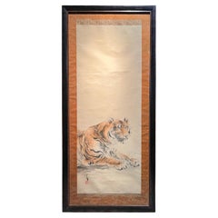 Used Ohashi Suiseki, Resting tiger, Japanese watercolor on silk, Japan circa 1900