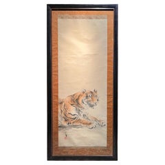 Antique Ohashi Suiseki, Resting tiger, Japanese watercolor on silk, Japan circa 1900