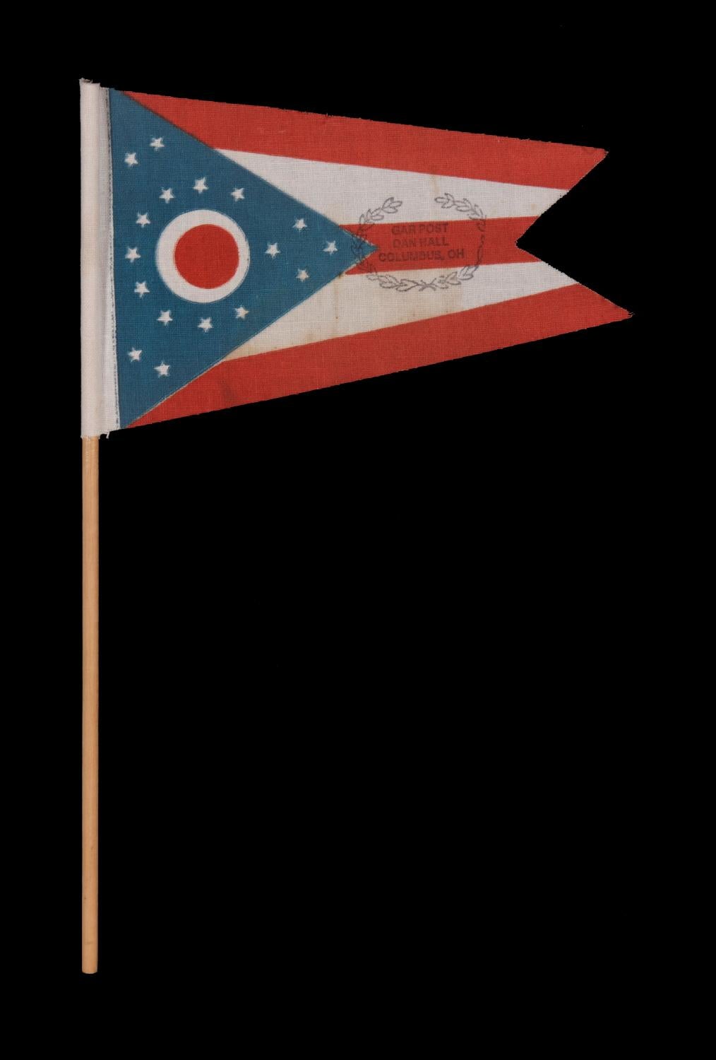 OHIO STATE FLAG WITH CIVIL WAR VETERANS' OVERPRINT FROM THE GRAND ARMY OF THE REPUBLIC POST IN COLUMBUS, MADE IN MOURNING OF THE 1925 PASSING OF NATIONAL G.A.R. COMMANDER IN CHIEF DANIEL M. HALL, WHO ALSO SERVED AS COMMANDER OF THE OHIO DEPARTMENT