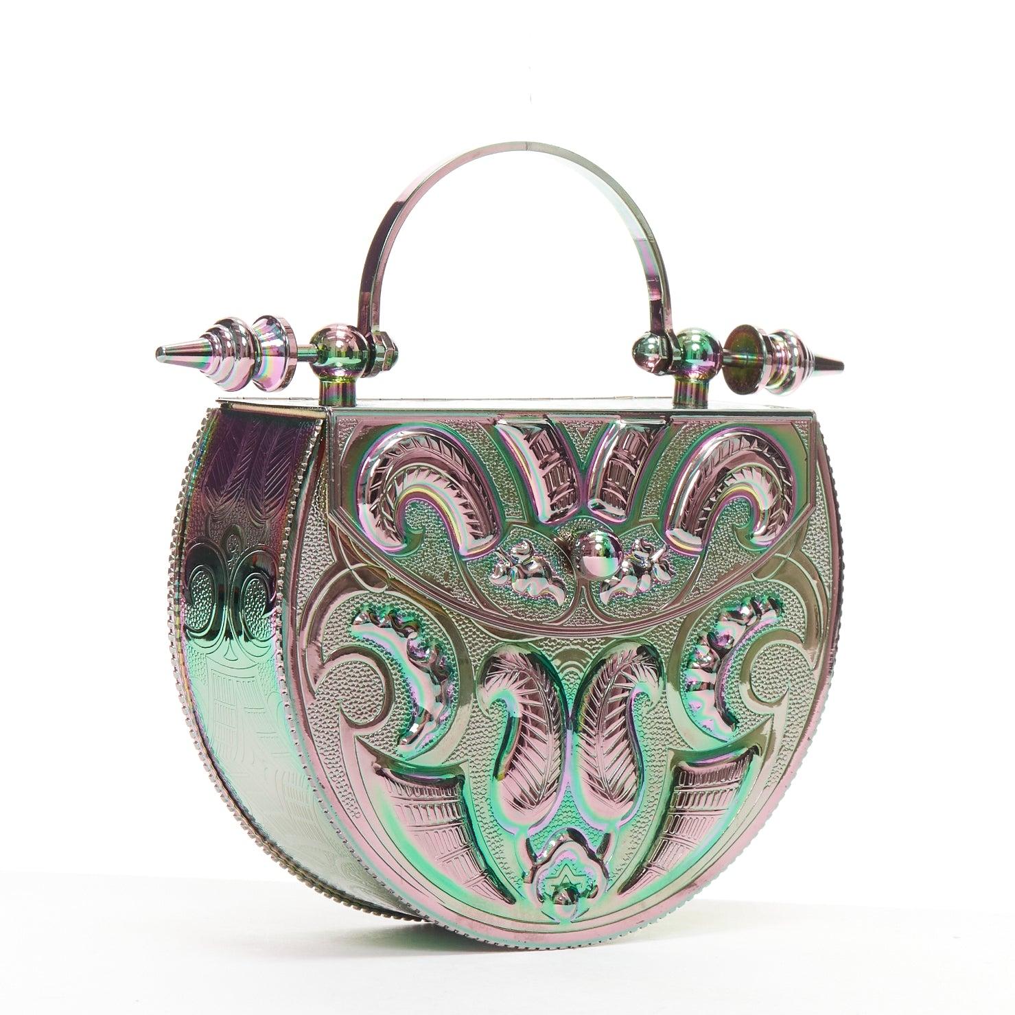 OHKTEIN Disco Desert Dome oil slick intricate metal leather box evening bag In Excellent Condition In Hong Kong, NT