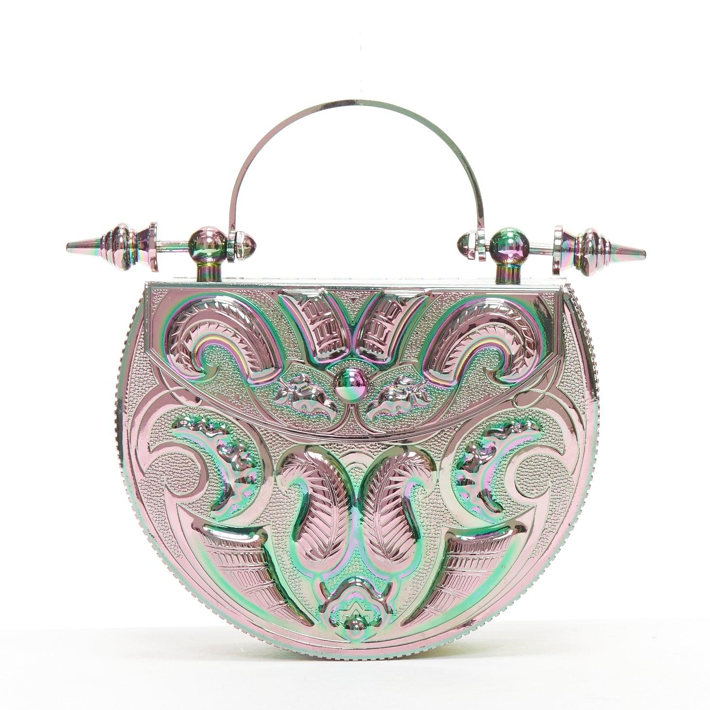 Women's OHKTEIN Disco Desert Dome oil slick intricate metal leather box evening bag