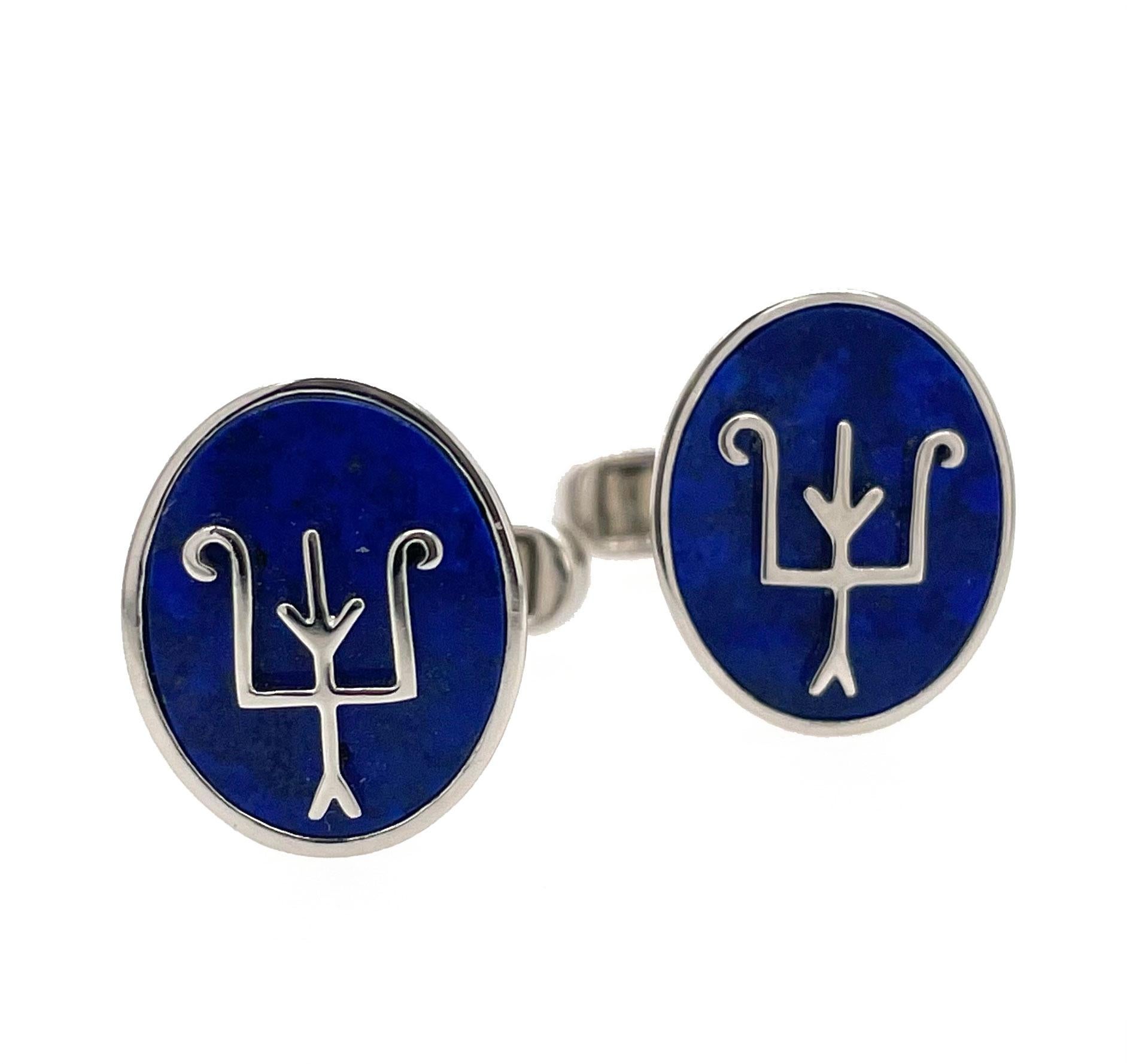 Cabochon Namesake Cufflinks in Lapis and Platinum For Sale