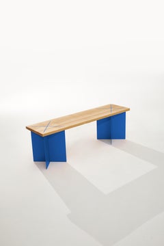 Ohus Bench in Ash Wood And Brilliant Blue Steel by Heilig Objects