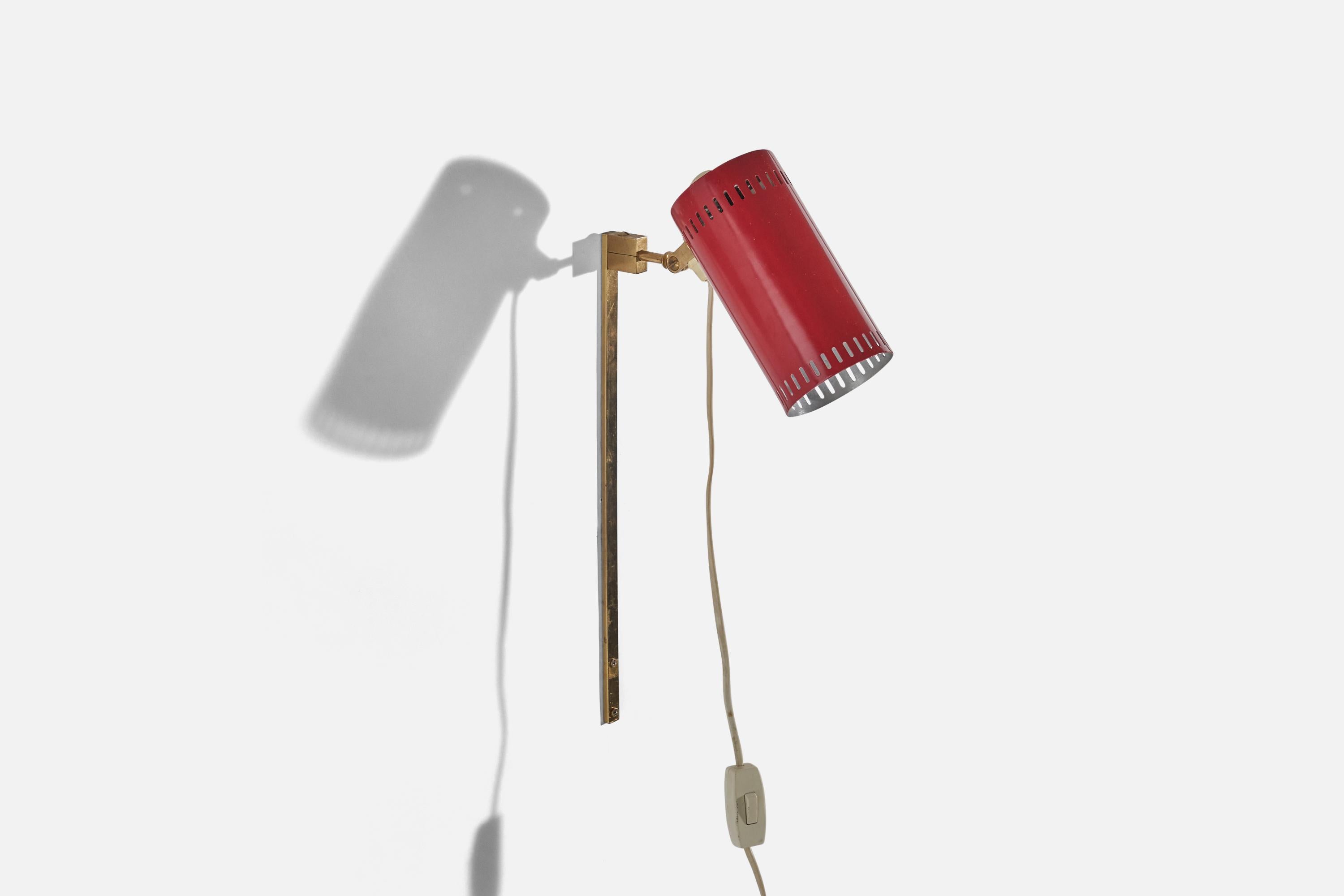 Post-Modern Öia, Adjustable Sconce, Brass, Red Lacquered Metal, Sweden, 1960s For Sale