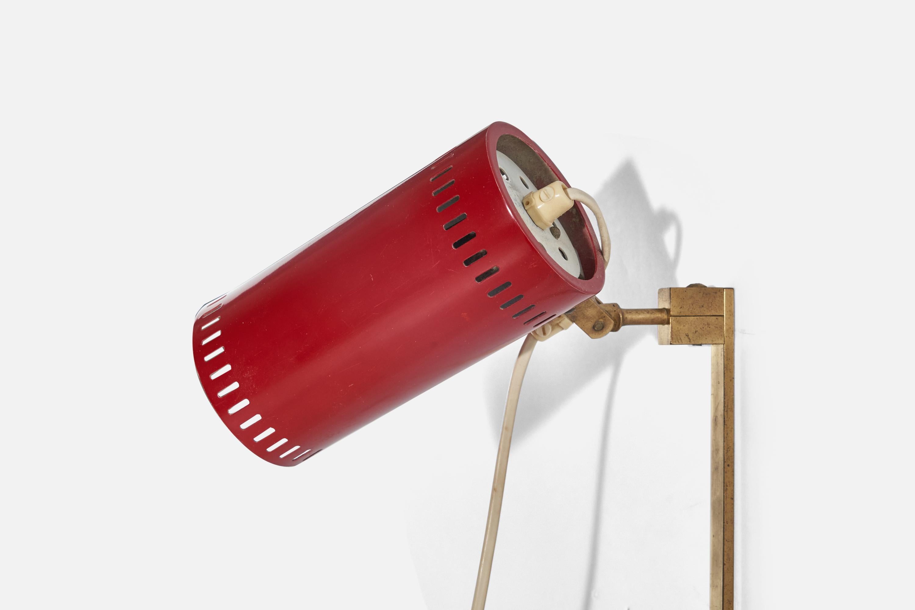 Swedish Öia, Adjustable Sconce, Brass, Red Lacquered Metal, Sweden, 1960s For Sale