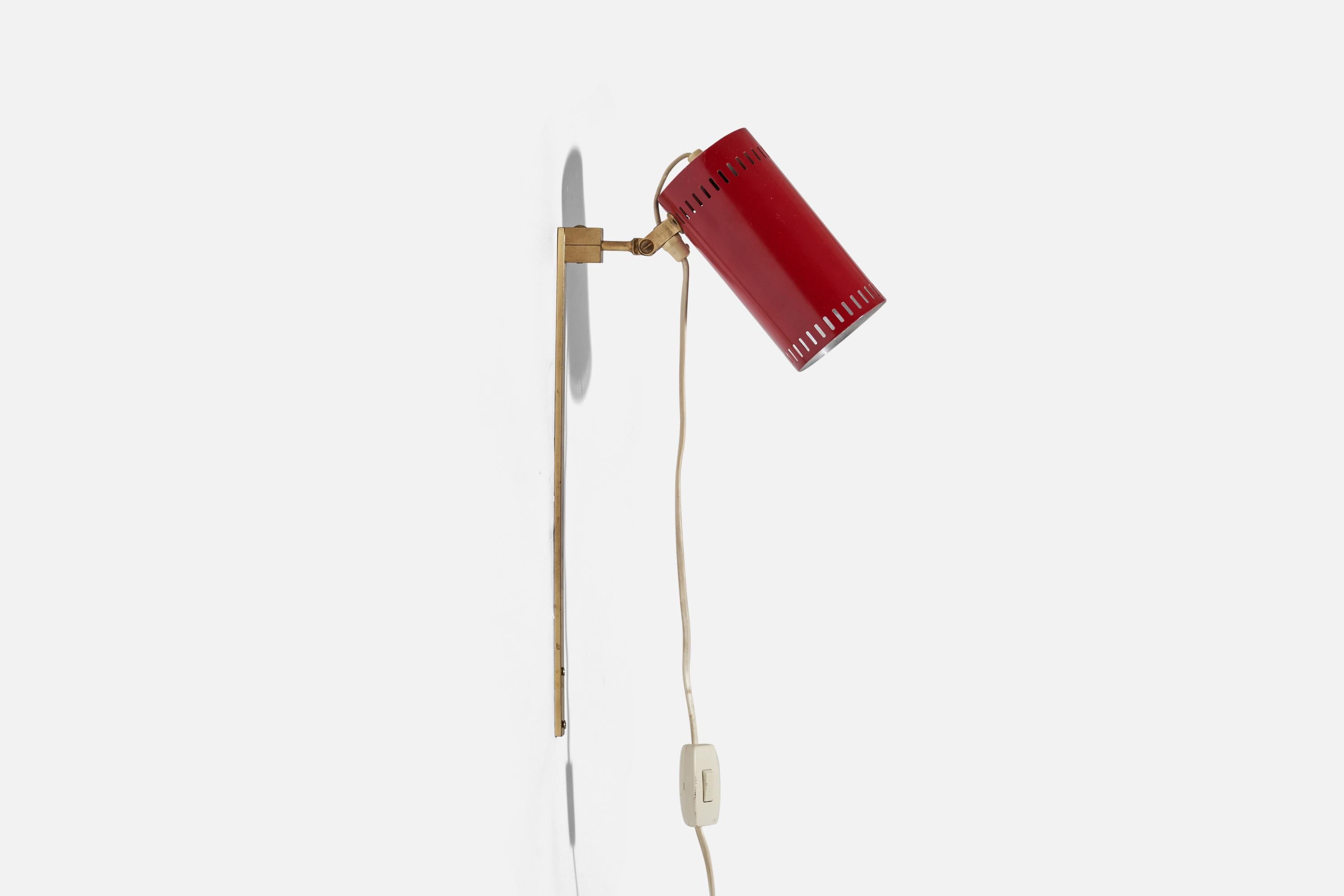 Öia, Adjustable Sconce, Brass, Red Lacquered Metal, Sweden, 1960s In Good Condition For Sale In High Point, NC