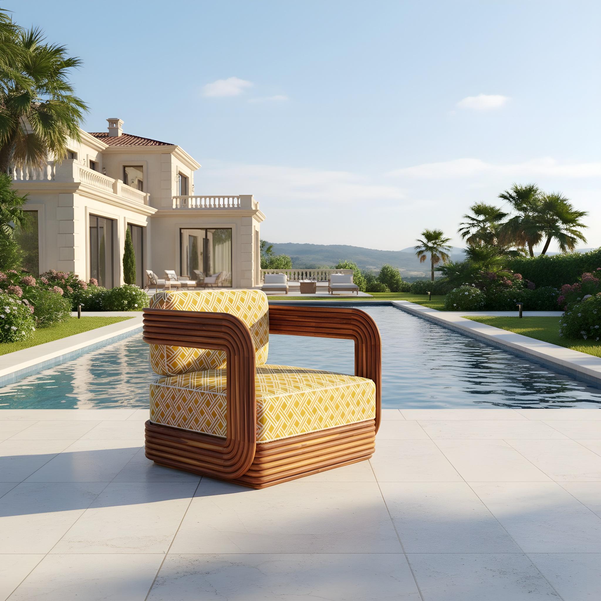 Poltrona per esterni Oia in Wood Iroko con schienale in Corde e cuscini a fantasia in vendita 2