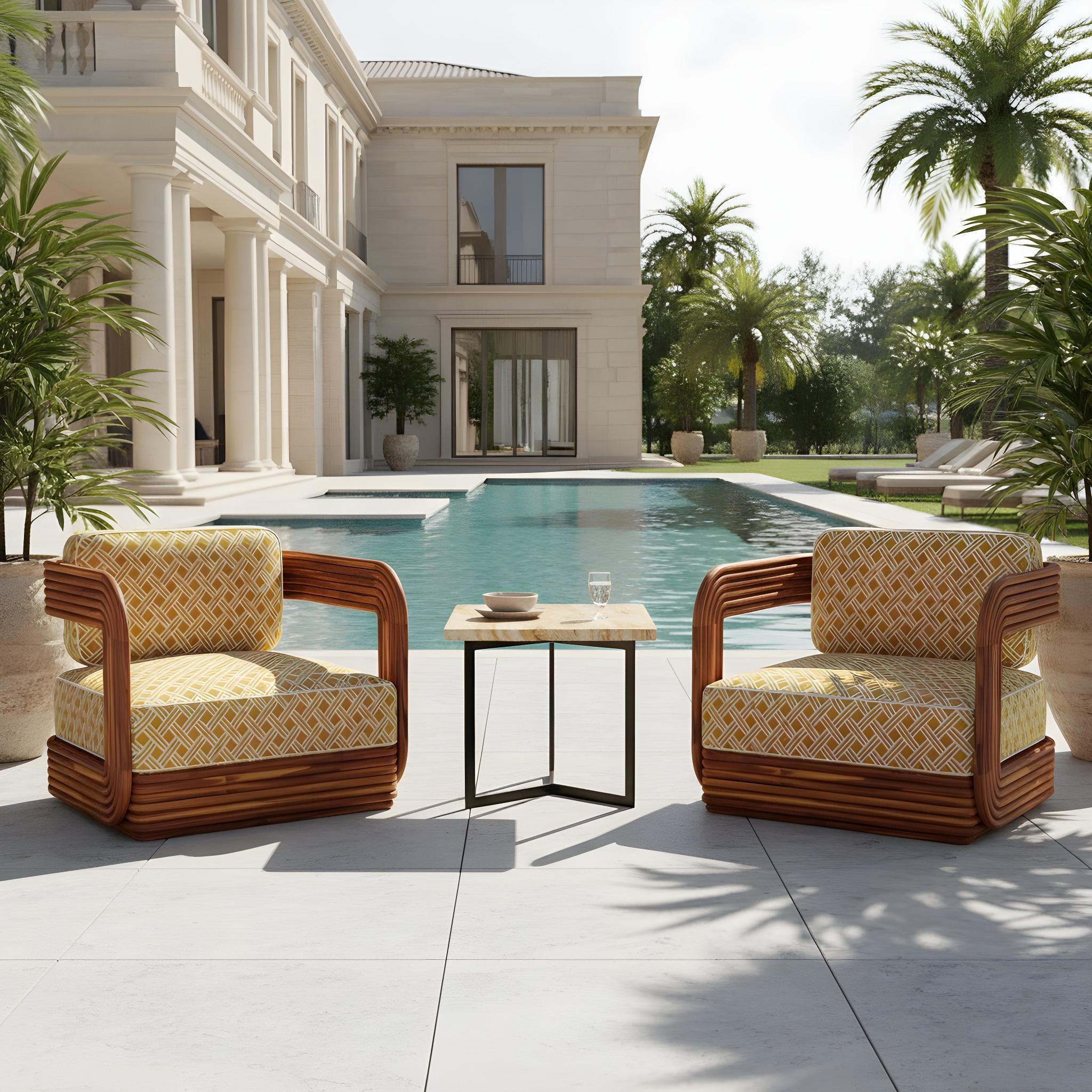 La poltrona Oia, creata in collaborazione con Mediterrazza, è un pezzo forte dell'arredamento di lusso per esterni. Realizzato a mano in resistente legno di iroko, presenta una base scultorea a coste con un tocco bohémien e uno schienale con