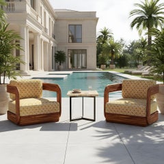 Fauteuil d'extérieur Oia en Wood Iroko avec dossier en corde et coussins à motifs