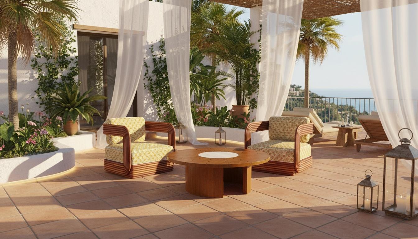 Portoghese Poltrona per esterni Oia in Wood Iroko con schienale in Corde e cuscini a fantasia in vendita