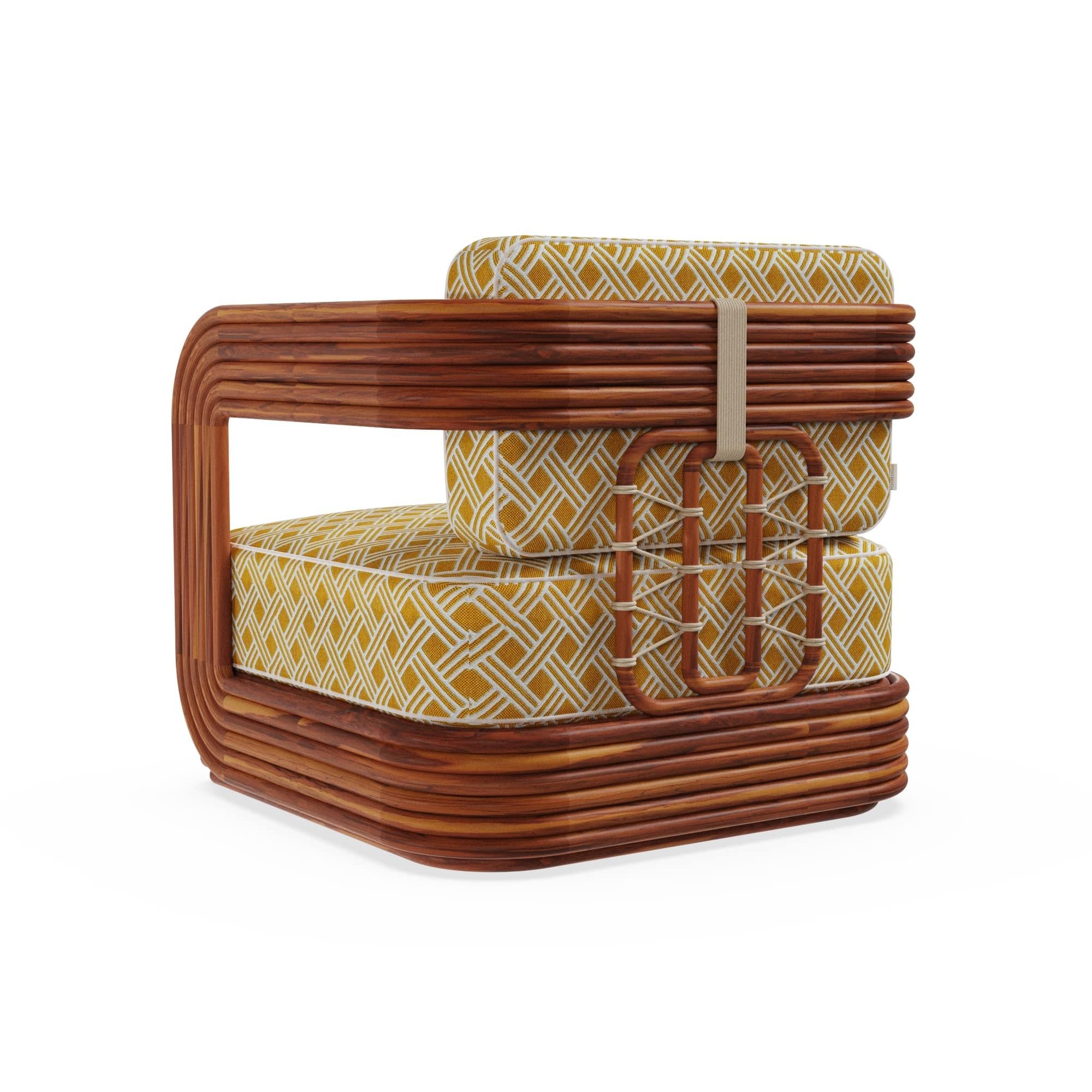 XXI secolo e contemporaneo Poltrona per esterni Oia in Wood Iroko con schienale in Corde e cuscini a fantasia in vendita