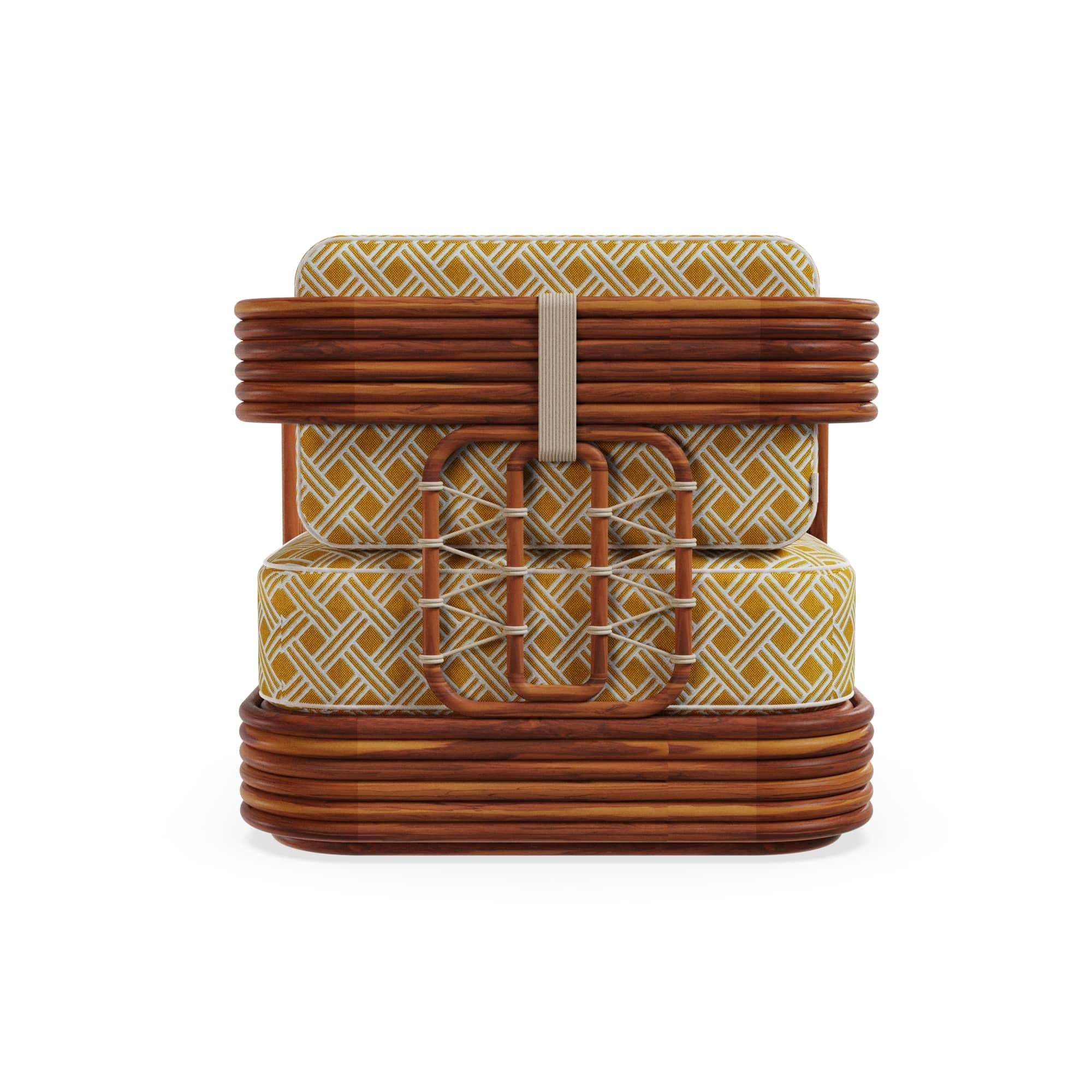 Tessuto Poltrona per esterni Oia in Wood Iroko con schienale in Corde e cuscini a fantasia in vendita