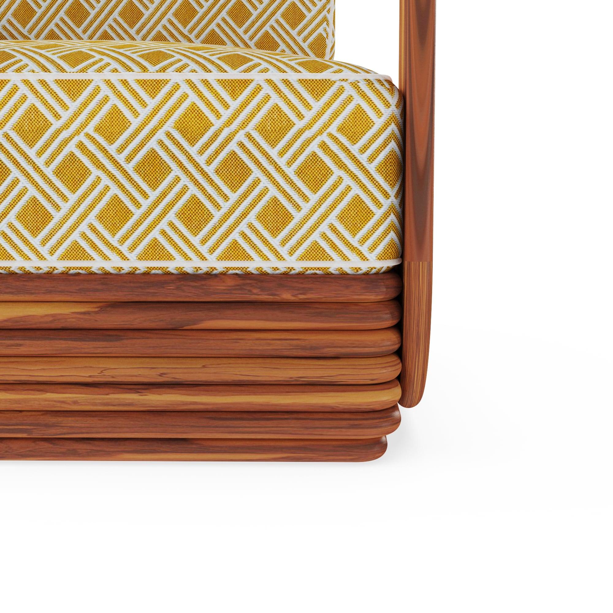 Poltrona per esterni Oia in Wood Iroko con schienale in Corde e cuscini a fantasia in vendita 1