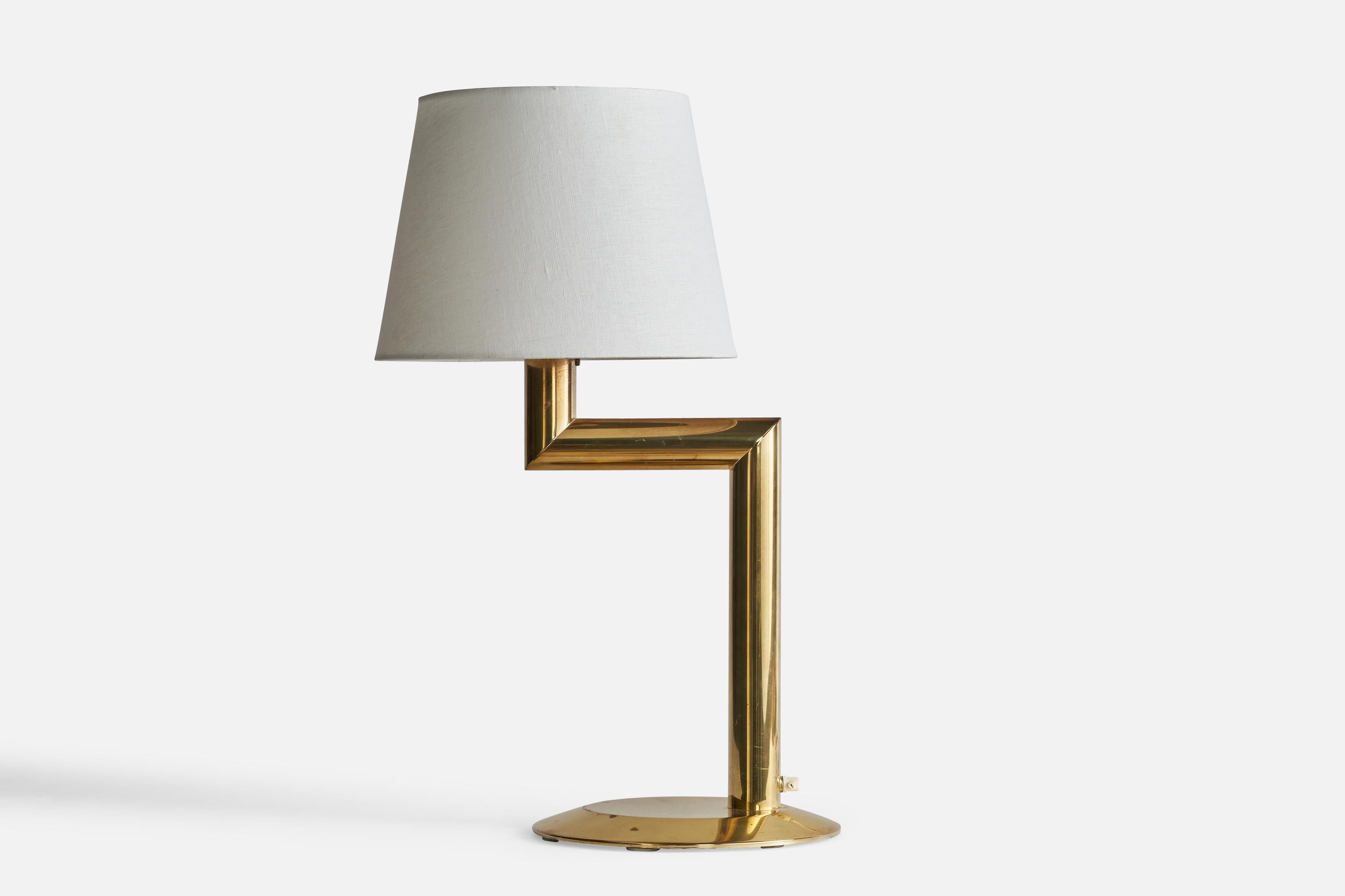A brass table lamp designed and produced by Öia, Sweden, c. 1970s.

Dimensions of Lamp (inches): 18” H x 10.5” W x 10.5” D
Dimensions of Shade (inches): 9” Top Diameter x 12” Bottom Diameter x 9” H
Dimensions of Lamp with Shade (inches): 24.75” H x