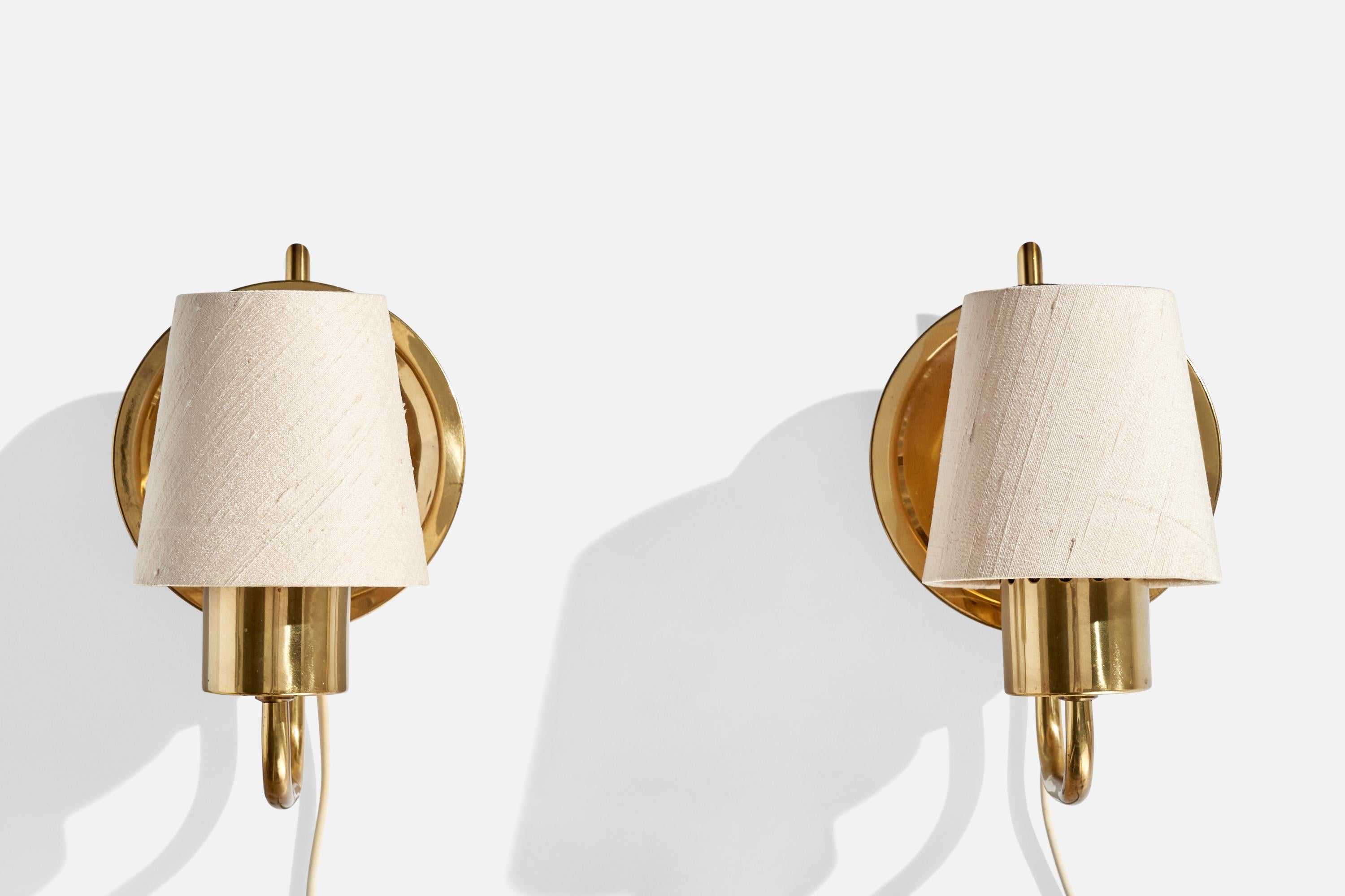 Scandinavian Modern ÖIA, Wall Lights, Brass, Fabric, Sweden, 1970s
