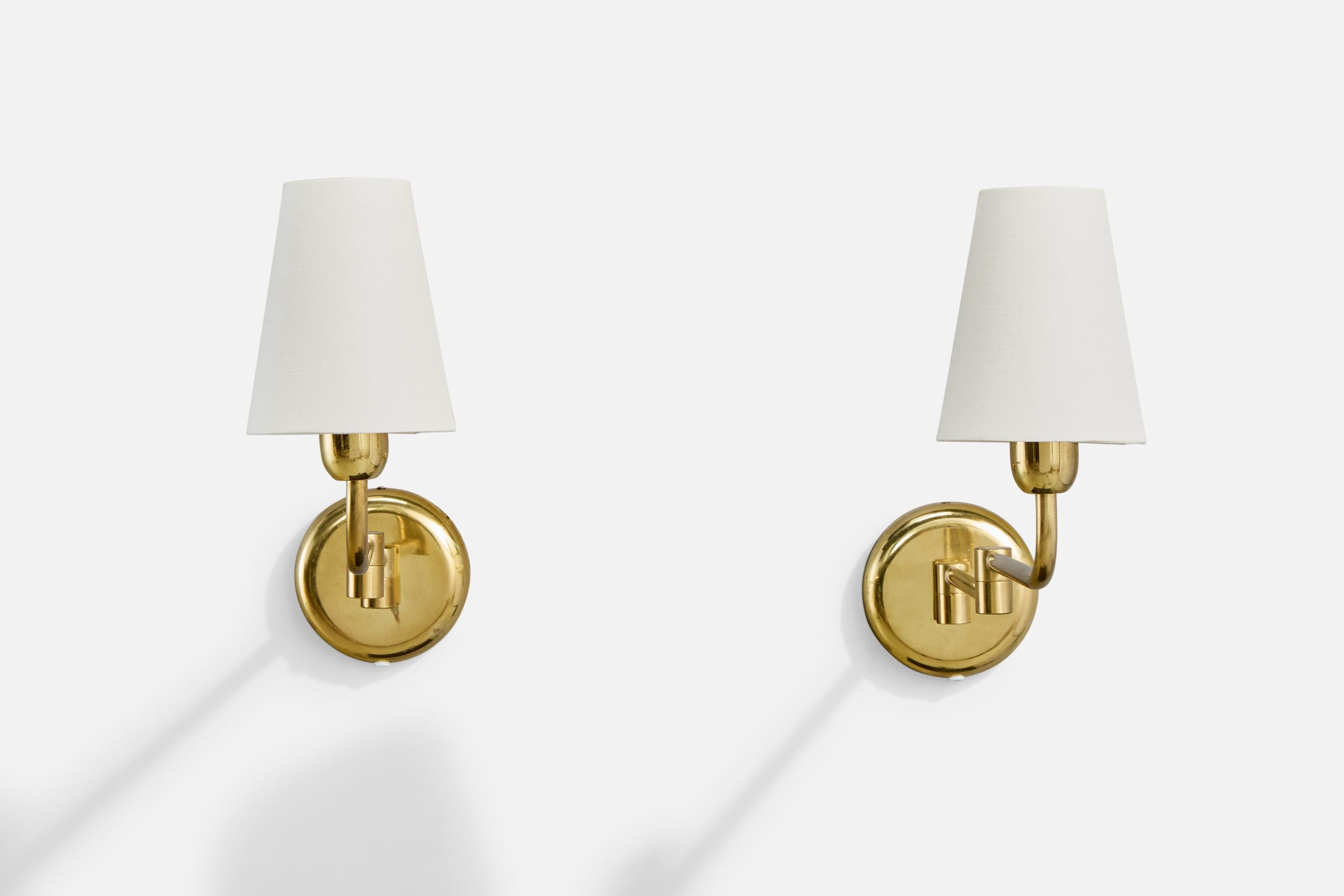 Mid-Century Modern ÖIA, Wall Lights, Brass, Fabric, Sweden, 1970s For Sale
