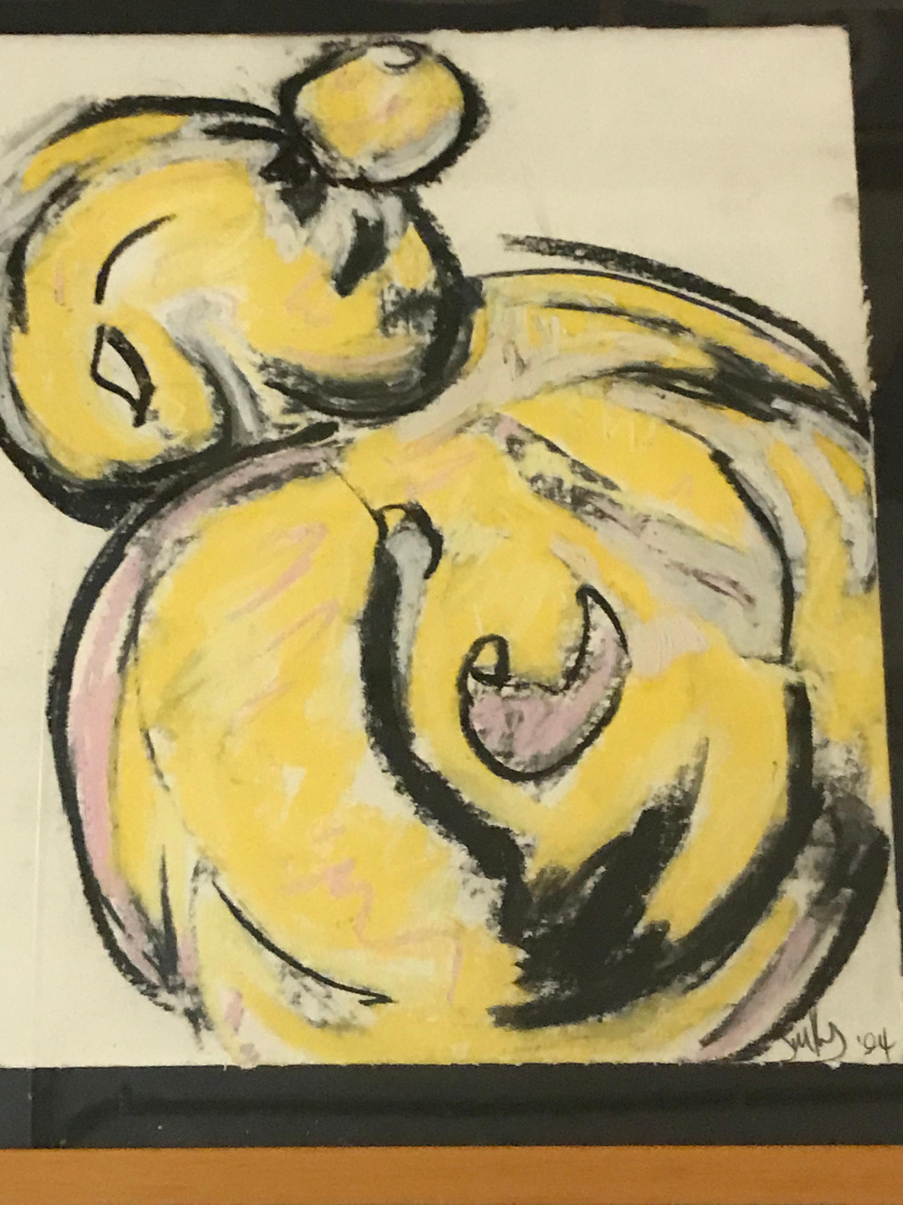 This artwork is signed by Jim Kras, and dated 1994.
The artist used oil pastels to feature a yellow crying character sketched with curvy long black lines.
 