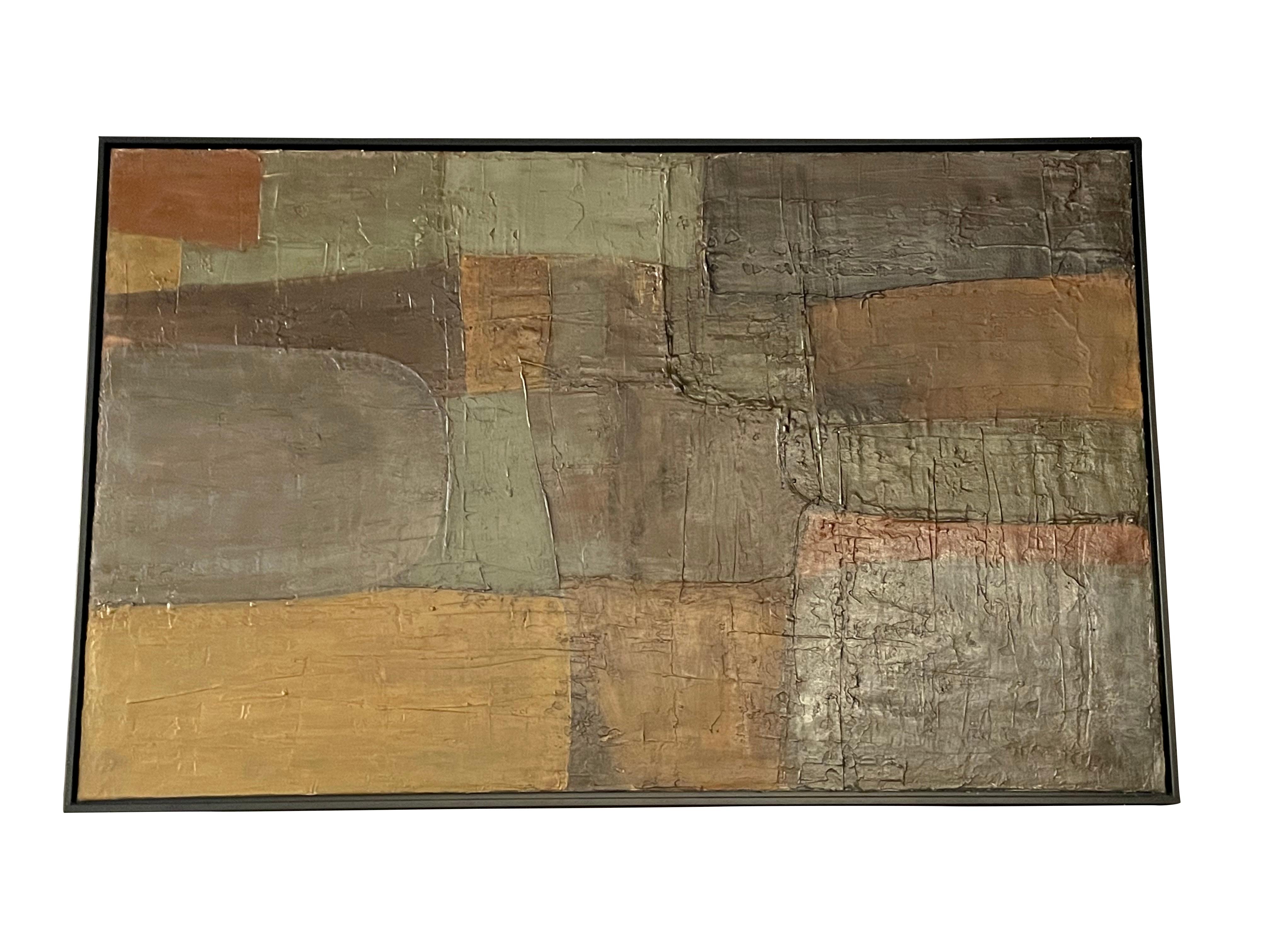 Shades of green, gold and rust contemporary painting by Spanish artist Santiago Castillo.
This large painting is created in oil and stucco on wood. The stucco and a combination of matte and gloss paint finish create an interesting textural