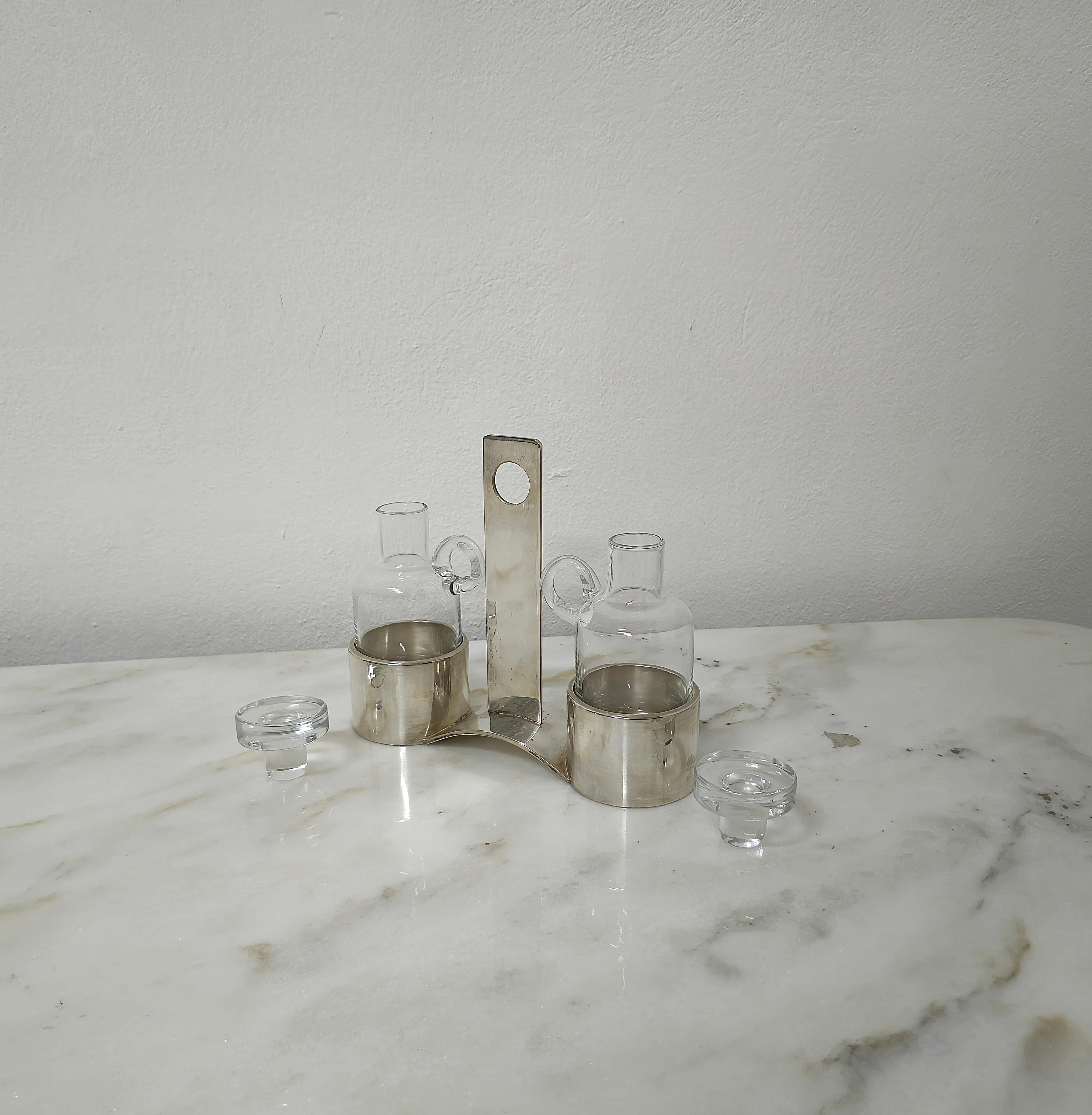 Silver Plate Oil and Vinegar Cruet Set Mid-Century Design Italy 1970s Vintage For Sale
