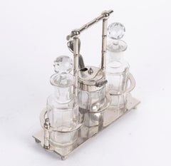 Oil and Vinegar Cruets with a Matching Mustard Jar, Made of Silver-Plated Metal.