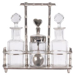 Oil and Vinegar Cruets with a Matching Mustard Jar, Made of Silver-Plated Metal.