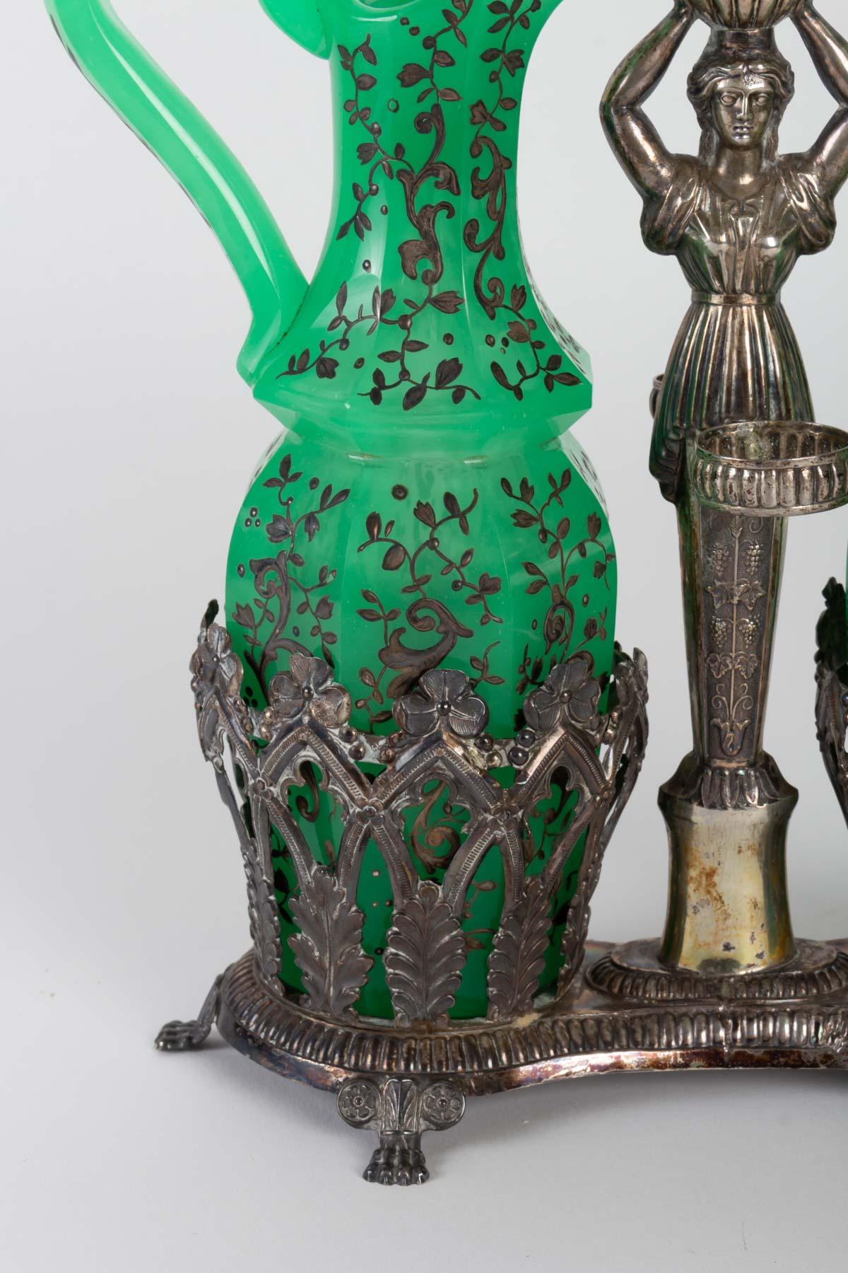 Oil and Vinegar in Green Opaline and Enameled Gold in Its Silver Support In Good Condition In Saint-Ouen, FR