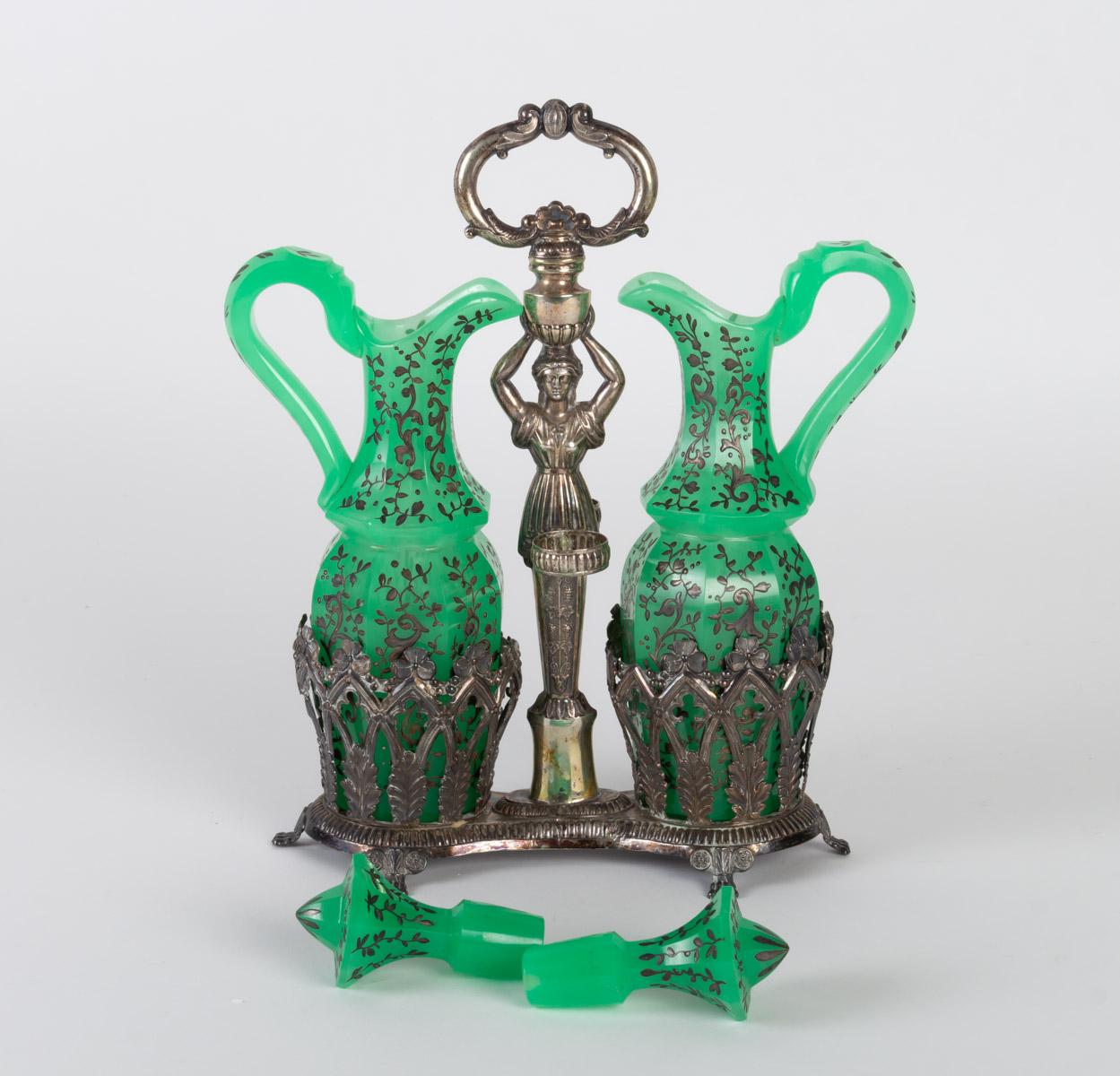 19th Century Oil and Vinegar in Green Opaline and Enameled Gold in Its Silver Support