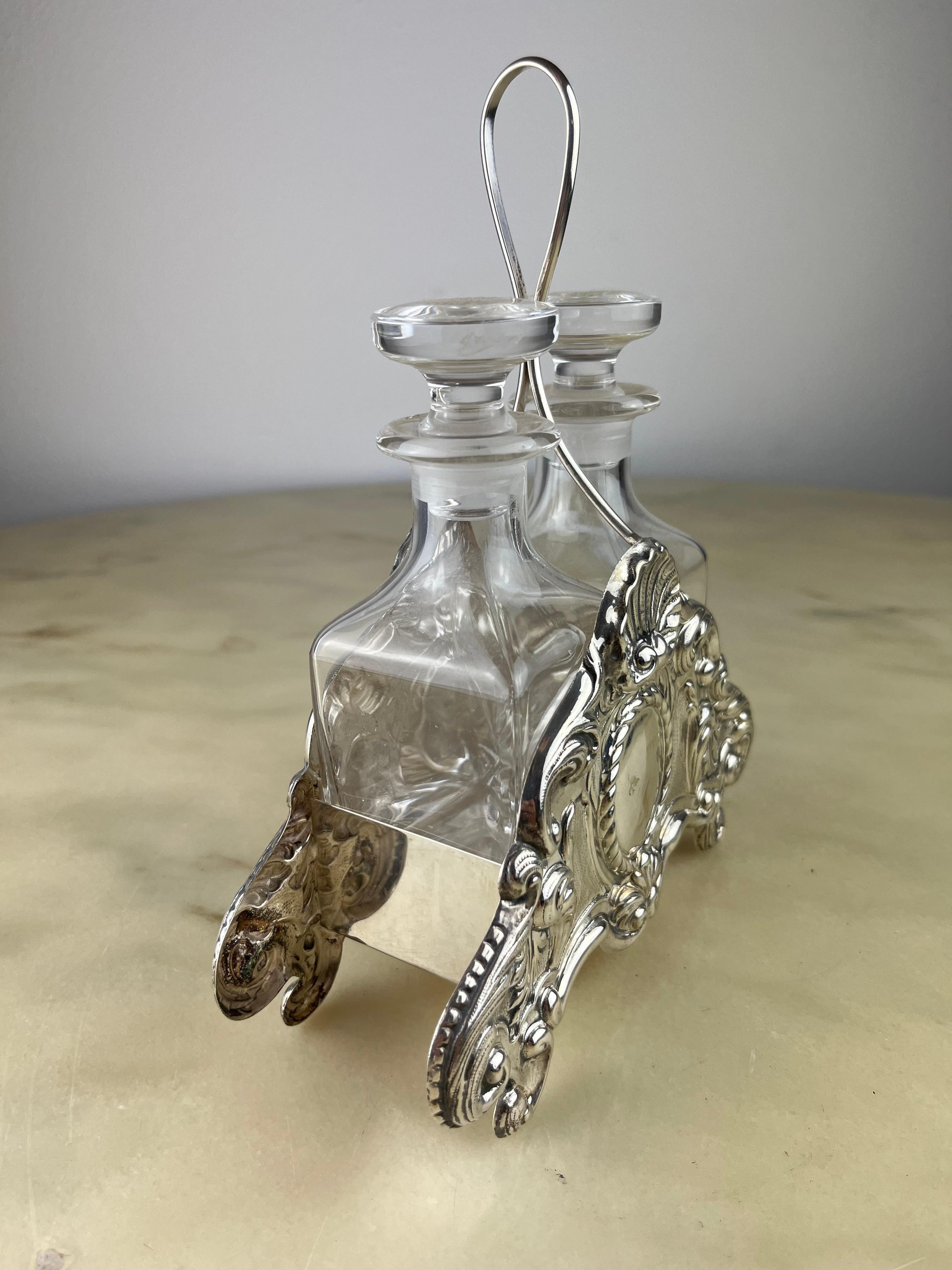 Italian Oil and Vinegar Set in 800 Silver and Crystal, Italy, 1990 For Sale