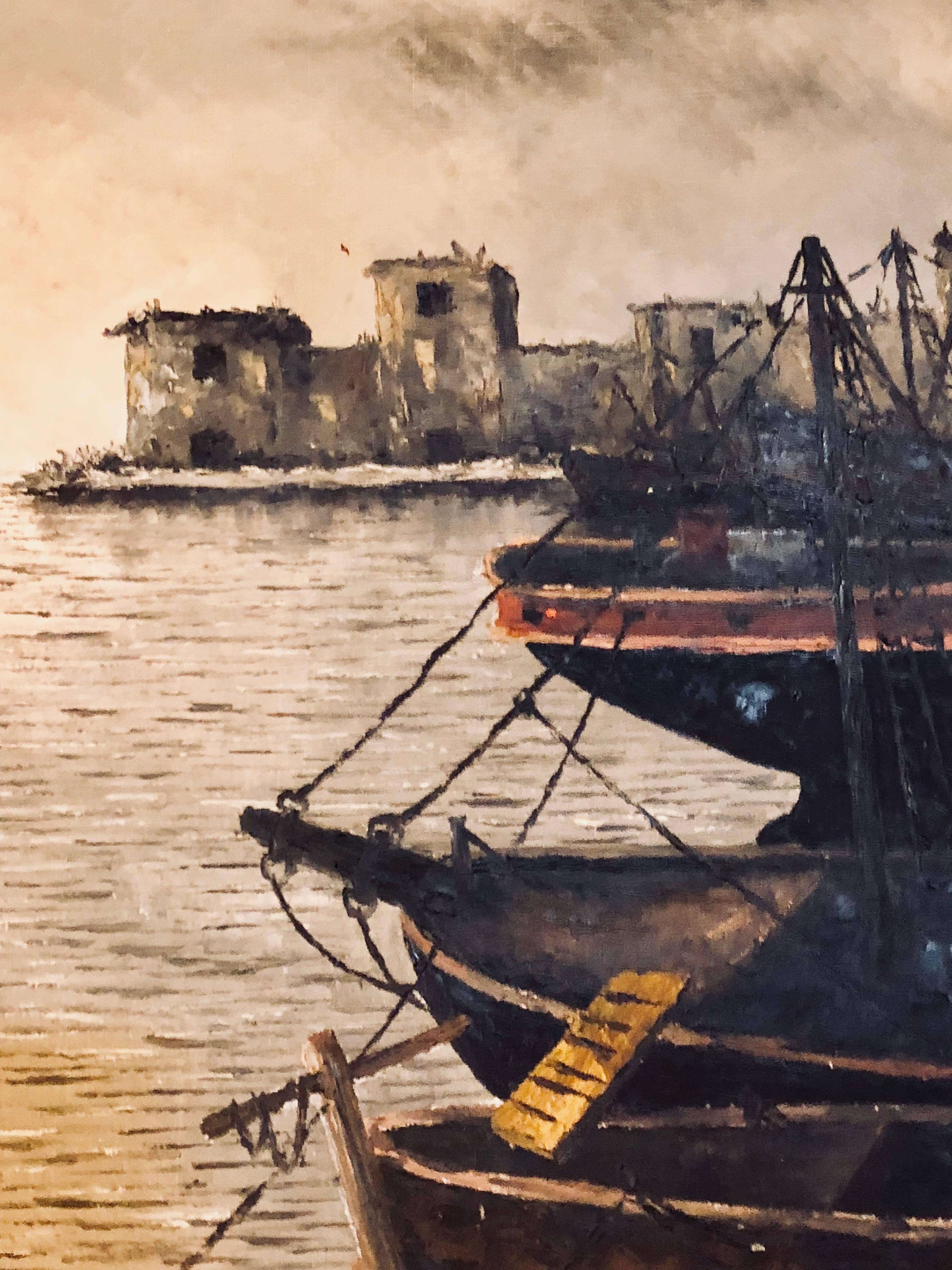 Ölgemälde auf Leinwand in feinem vergoldetem Rahmen von Renne Diaz, Boote im Hafen 6