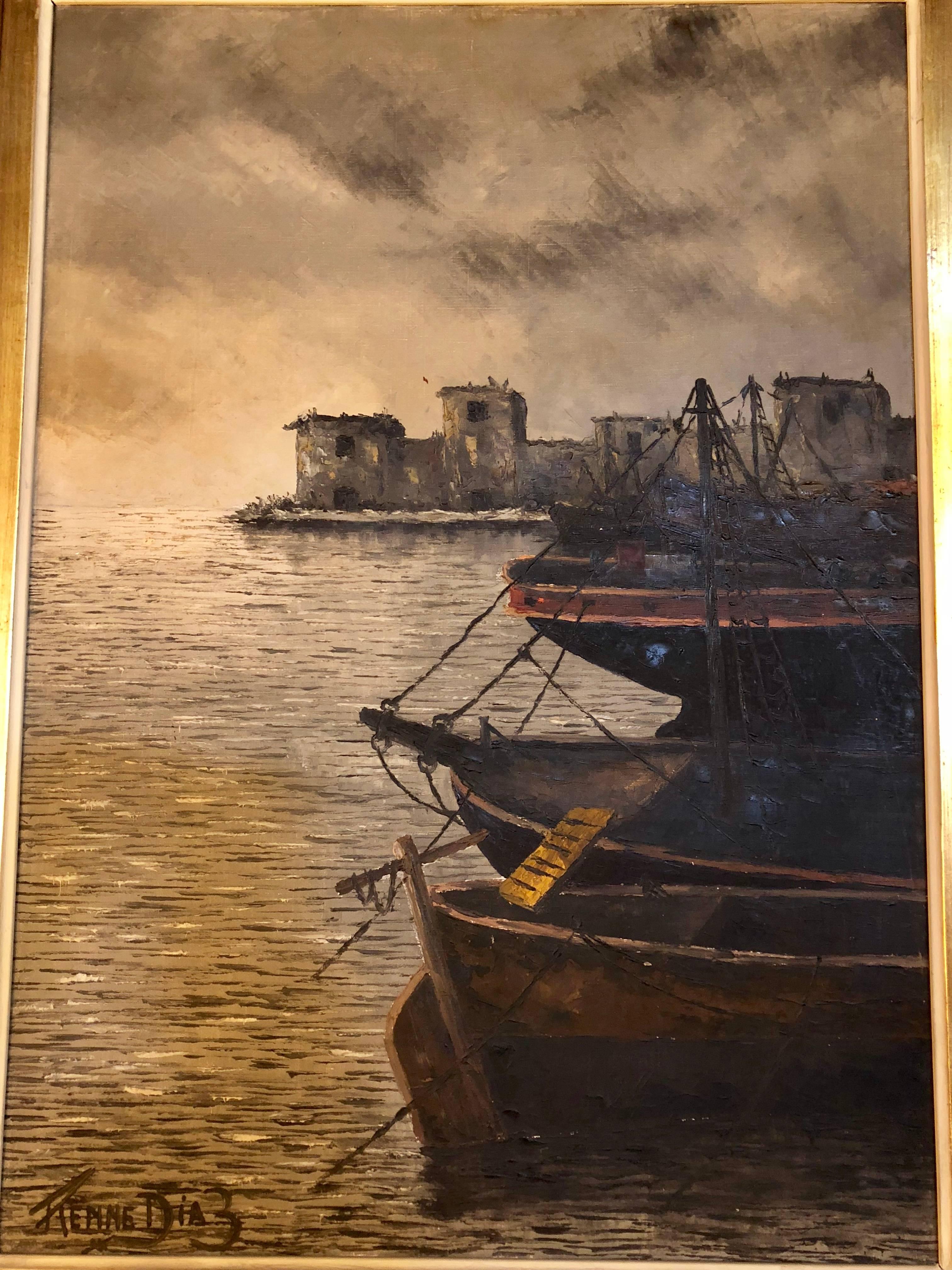 Ölgemälde auf Leinwand in feinem vergoldetem Rahmen von Renne Diaz, Boote im Hafen 7