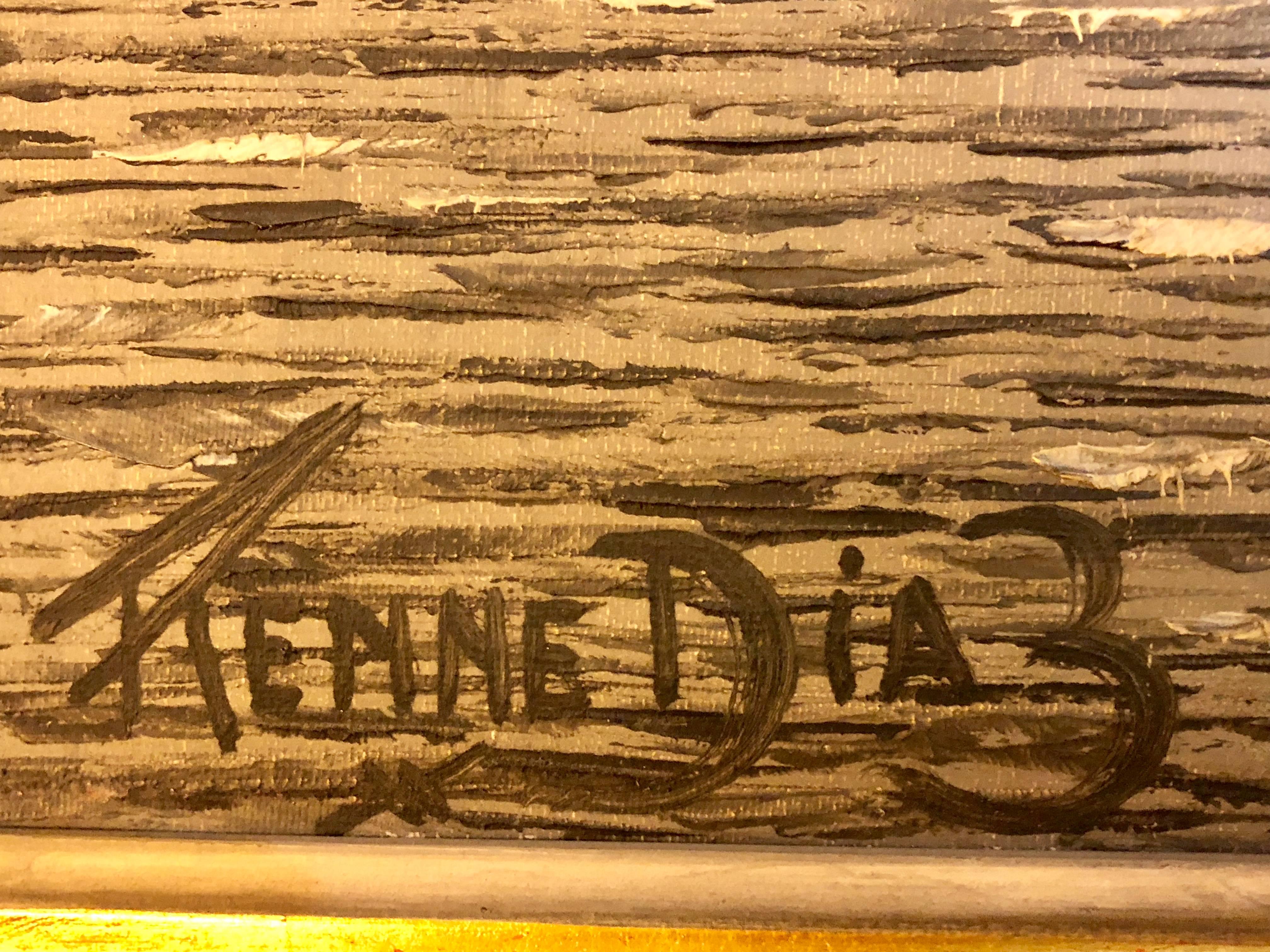 Ölgemälde auf Leinwand in feinem vergoldetem Rahmen von Renne Diaz, Boote im Hafen im Zustand „Gut“ in Manhasset, NY