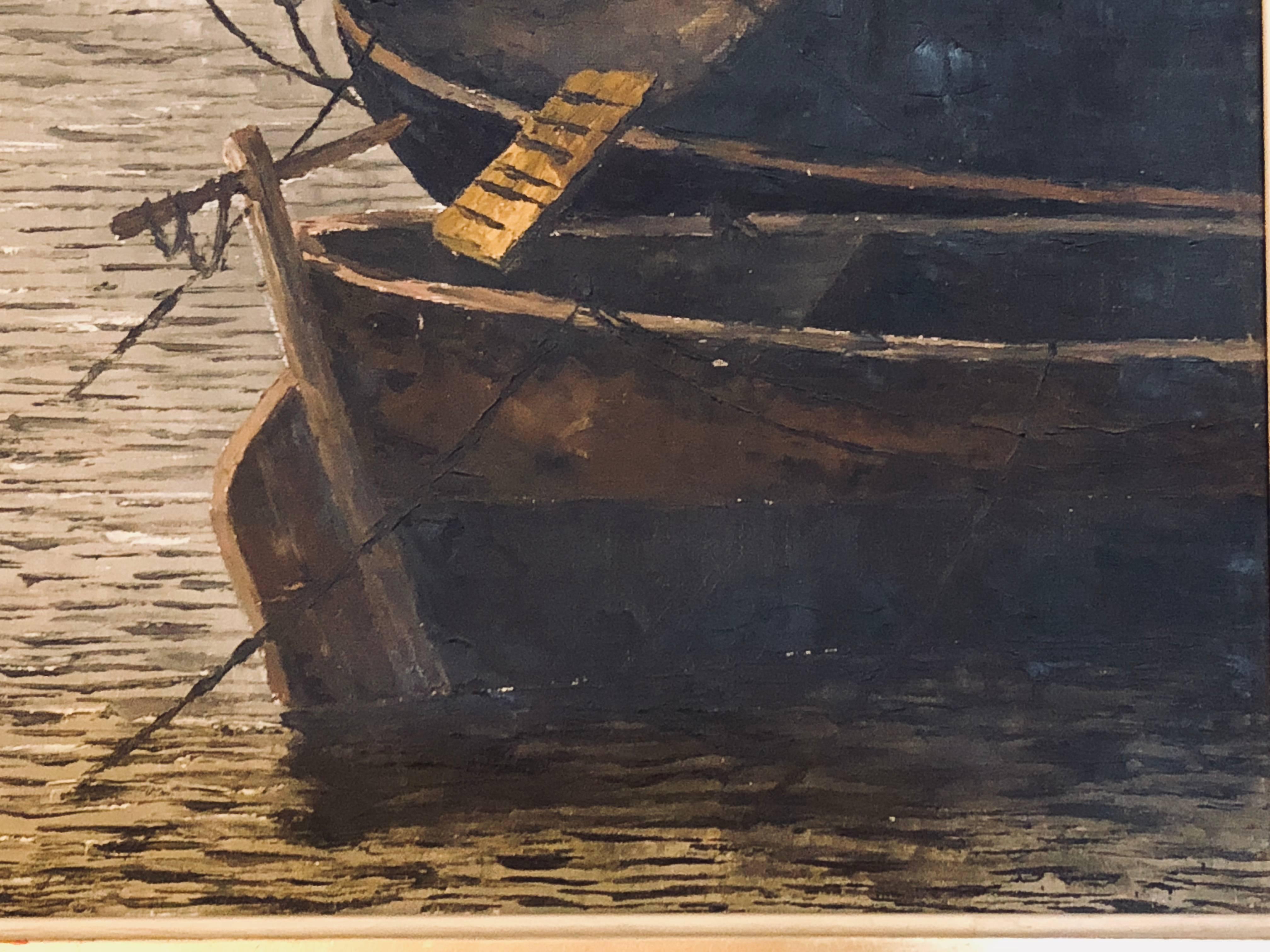 Oil Canvas in Fine Gilt Frame by Renne Diaz of Boats in the Harbor 1