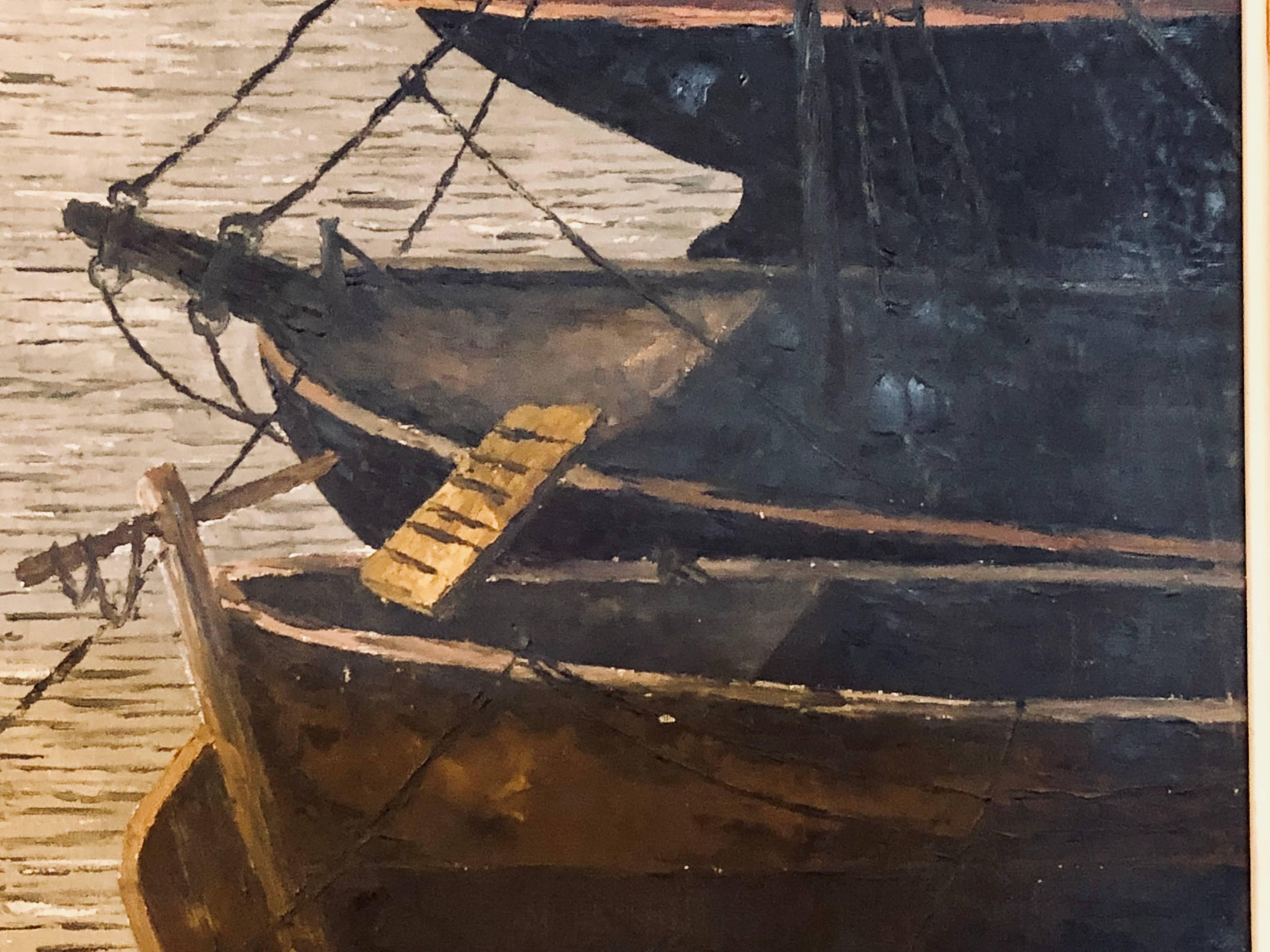 Oil Canvas in Fine Gilt Frame by Renne Diaz of Boats in the Harbor 2