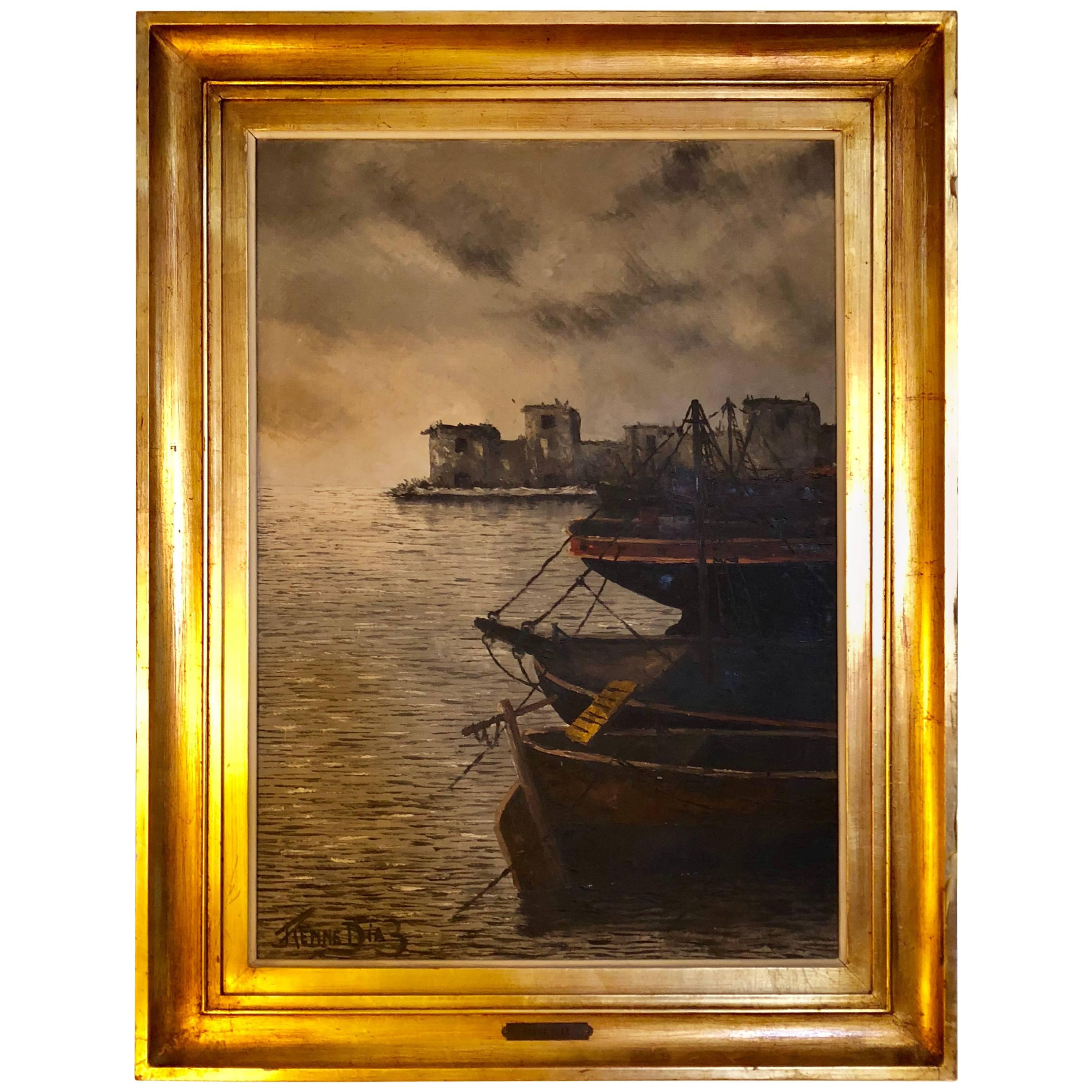 Oil Canvas in Fine Gilt Frame by Renne Diaz of Boats in the Harbor