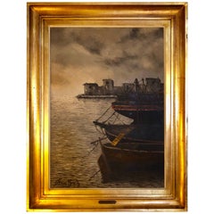 Toile à l'huile sur toile dans un cadre doré de Renne Diaz représentant des bateaux du port
