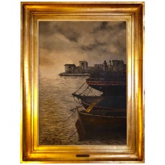 Oil Canvas in Fine Gilt Frame by Renne Diaz of Boats in the Harbor